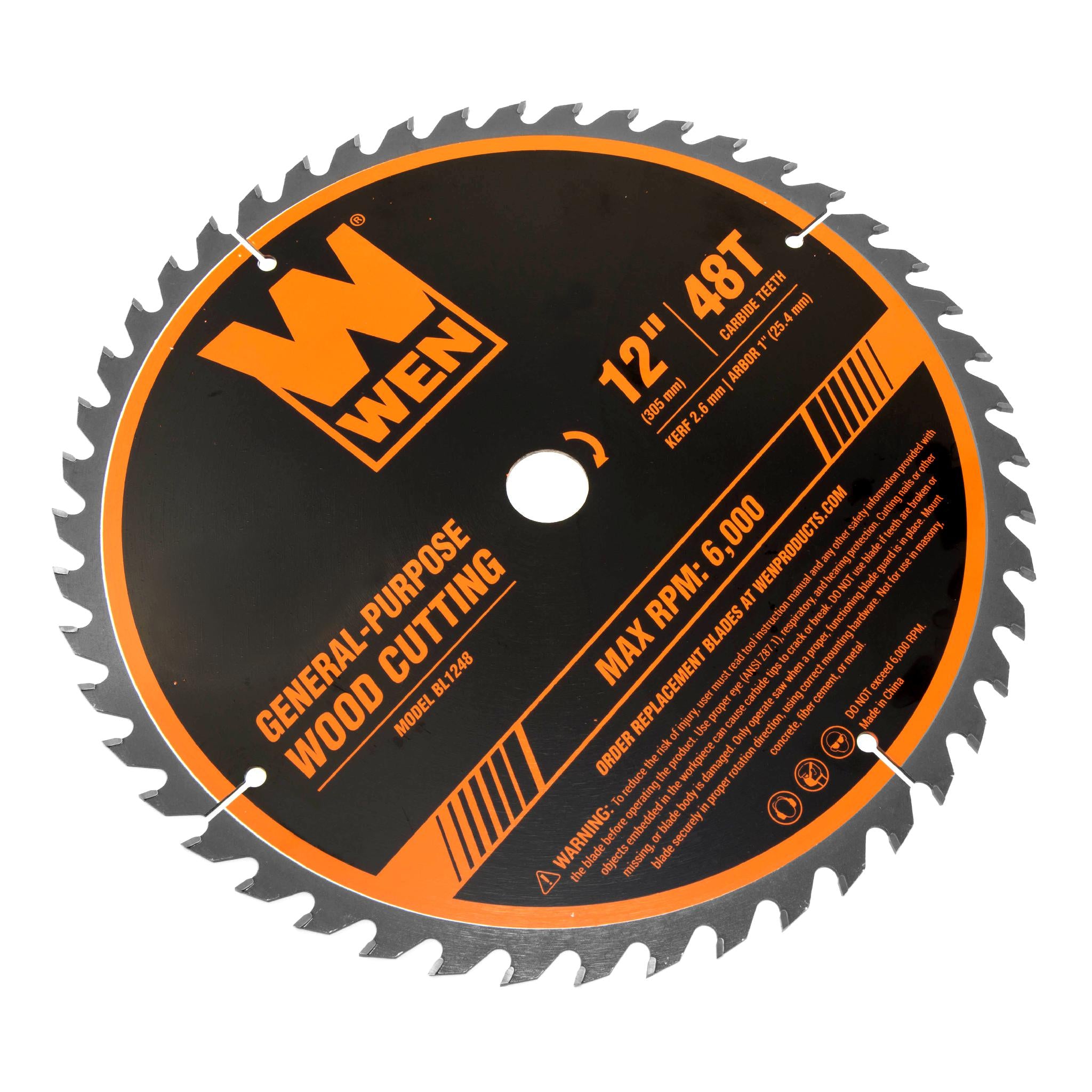 WEN BL1248 12-Inch 48-Tooth Carbide Tipped Professional Woodworking Saw Blade - Perfect for Miter Saws & Table Saws - Ideal for Cutting Hardwood, Plywood & MDF