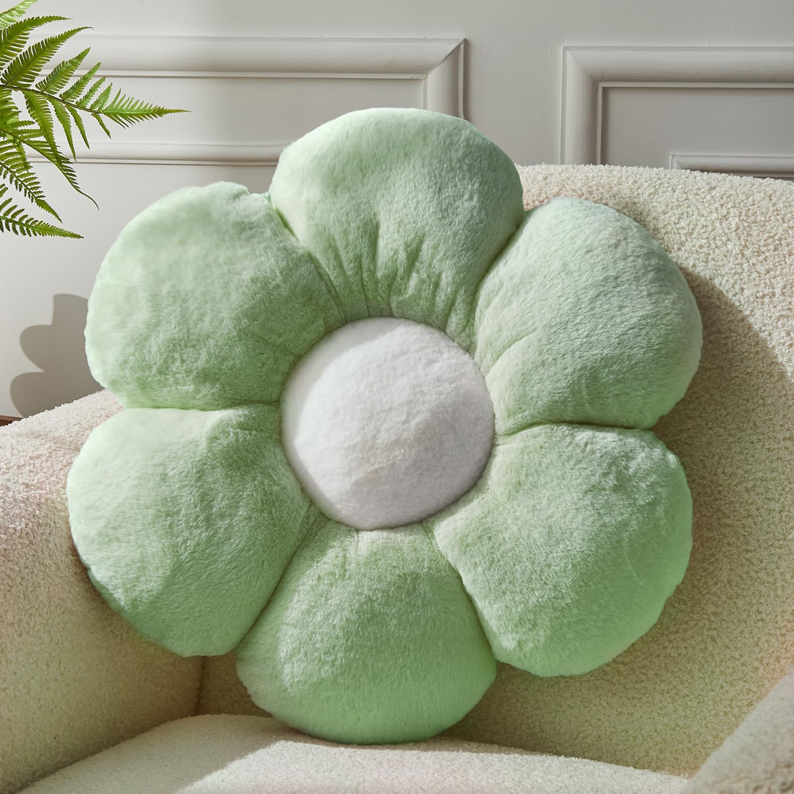 15.7 Inch Daisy Flower Shaped Throw Pillow - Green Decorative Floor Cushion for Sofa, Couch & Bed | Soft Home Decor Accent Pillow for Living Room, Nursery & Outdoor Use