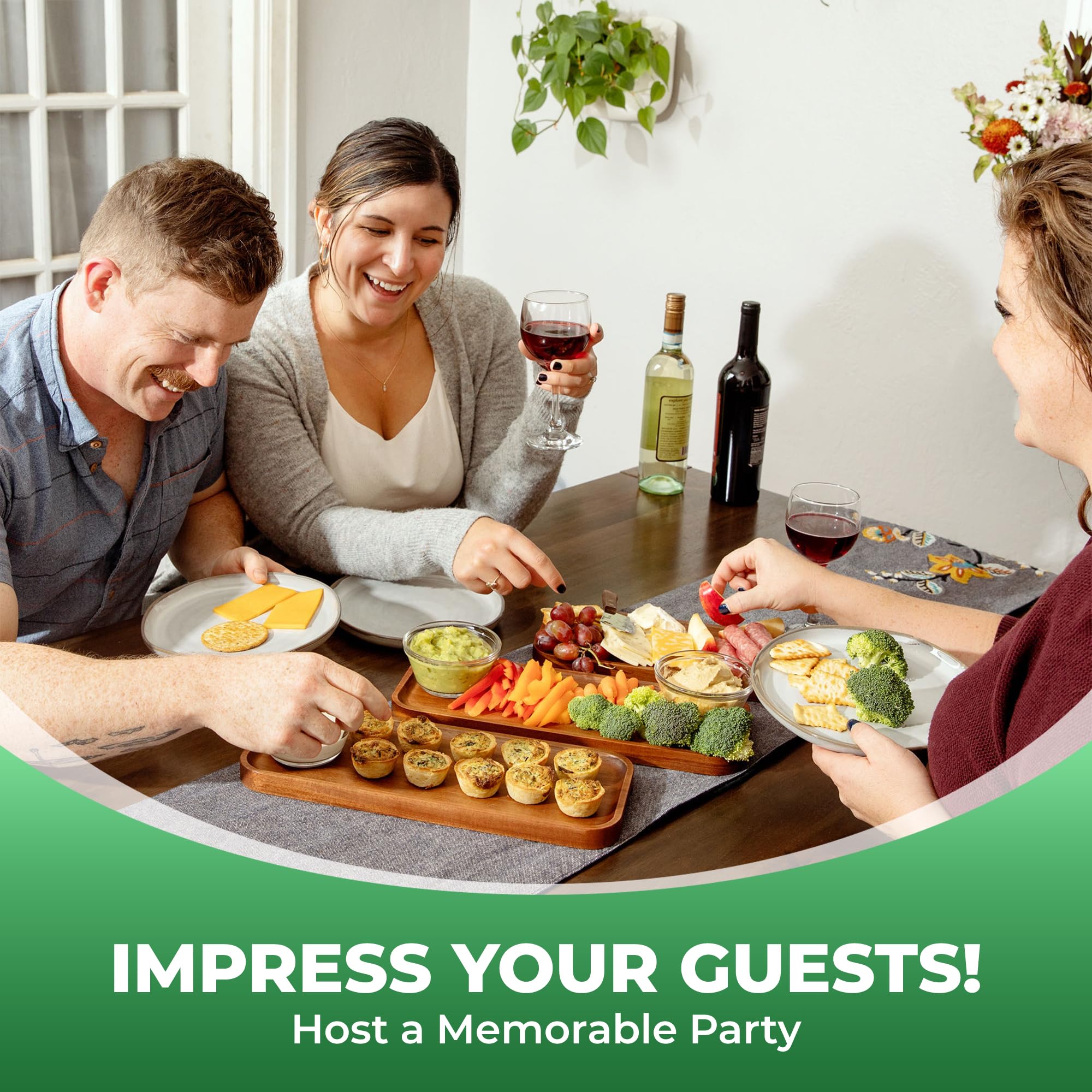 Premium Acacia Wood Serving Trays Set of 3 - 14 x 5.5 Inch Rectangular Wooden Platters for Charcuterie, Cheese, Appetizers | Rustic Food Serving Board for Entertaining, Kitchen, Dining Table & Party Display