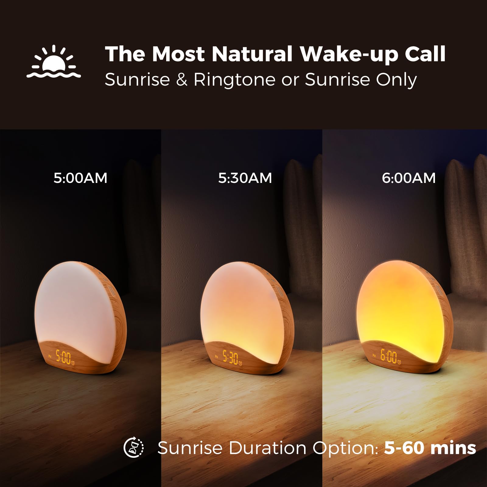 REACHER Wood Grain Sunrise Alarm Clock & Sound Machine with Nightlight - Digital Dimmable Bedroom Clock, 26 Soothing Sleep Sounds & White Noise for Babies, Adults & Kids - Perfect for Gentle Wake-Ups, Nursery, Office & Meditation Rooms