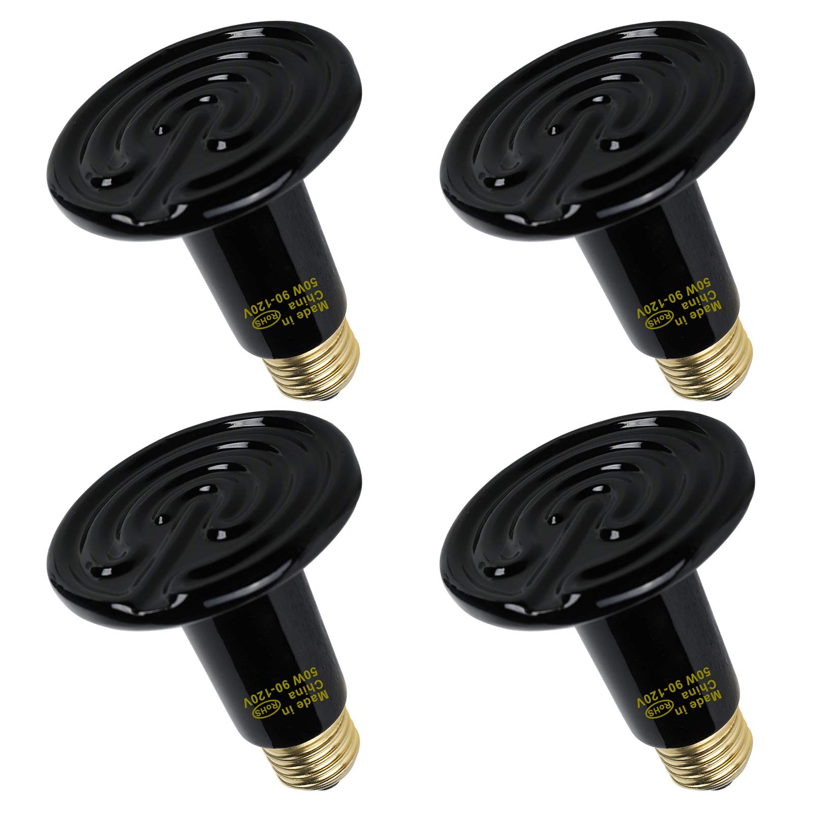 50W 4 Pack Ceramic Heat Lamp Bulb - Black Infrared Emitter for Reptiles, Chickens, Turtles & Lizards - Adjustable Temperature Pet Coop Heater with No Light Emission - ETL Certified Safe for Brooder Use in Terrariums, Chicken Coops & Pet Habitats