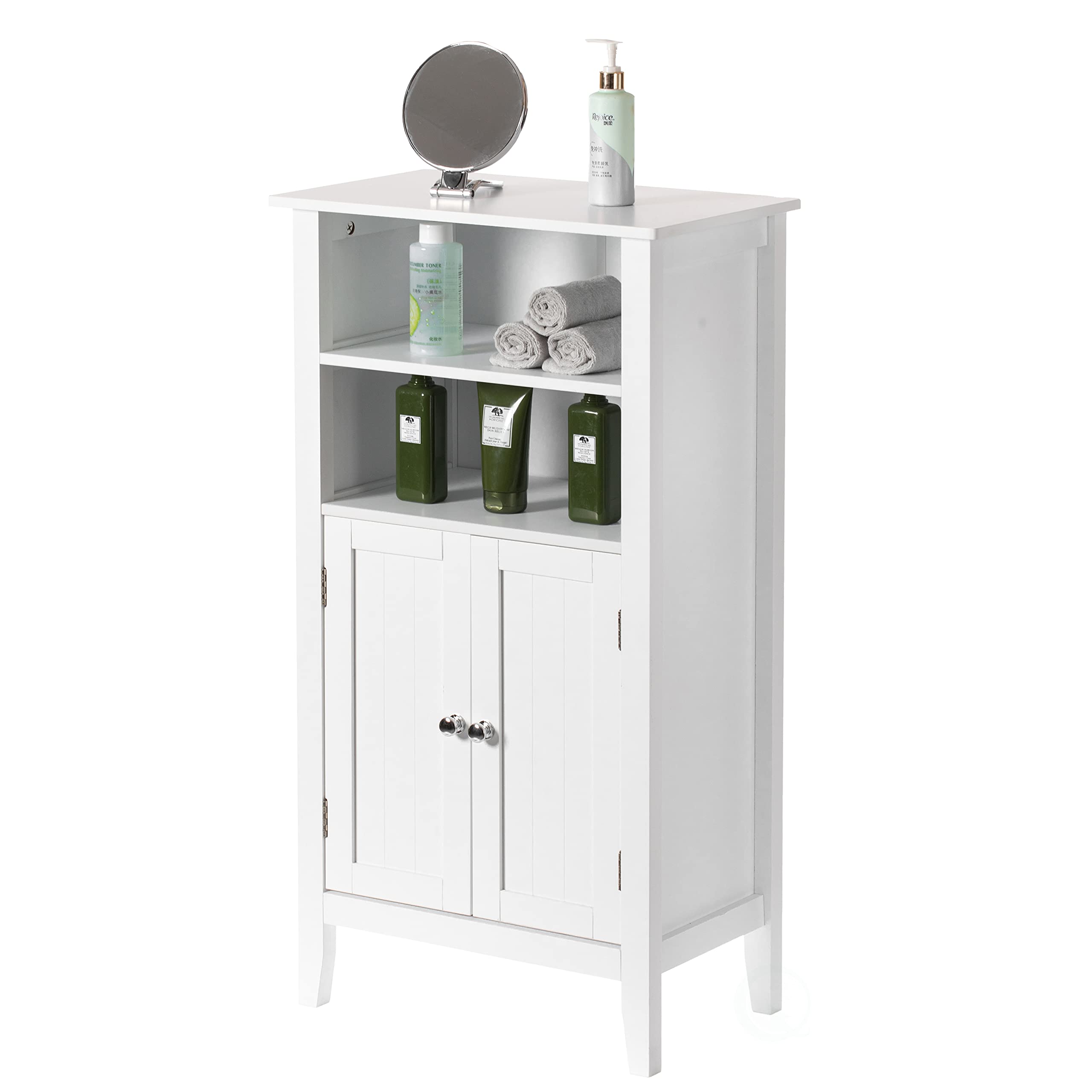Basicwise White Storage Cabinet with Doors and 2 Open Shelves - Organizer for Bedroom, Bathroom & Vanity - Perfect for Closet Organization, Bath Essentials & Makeup Storage