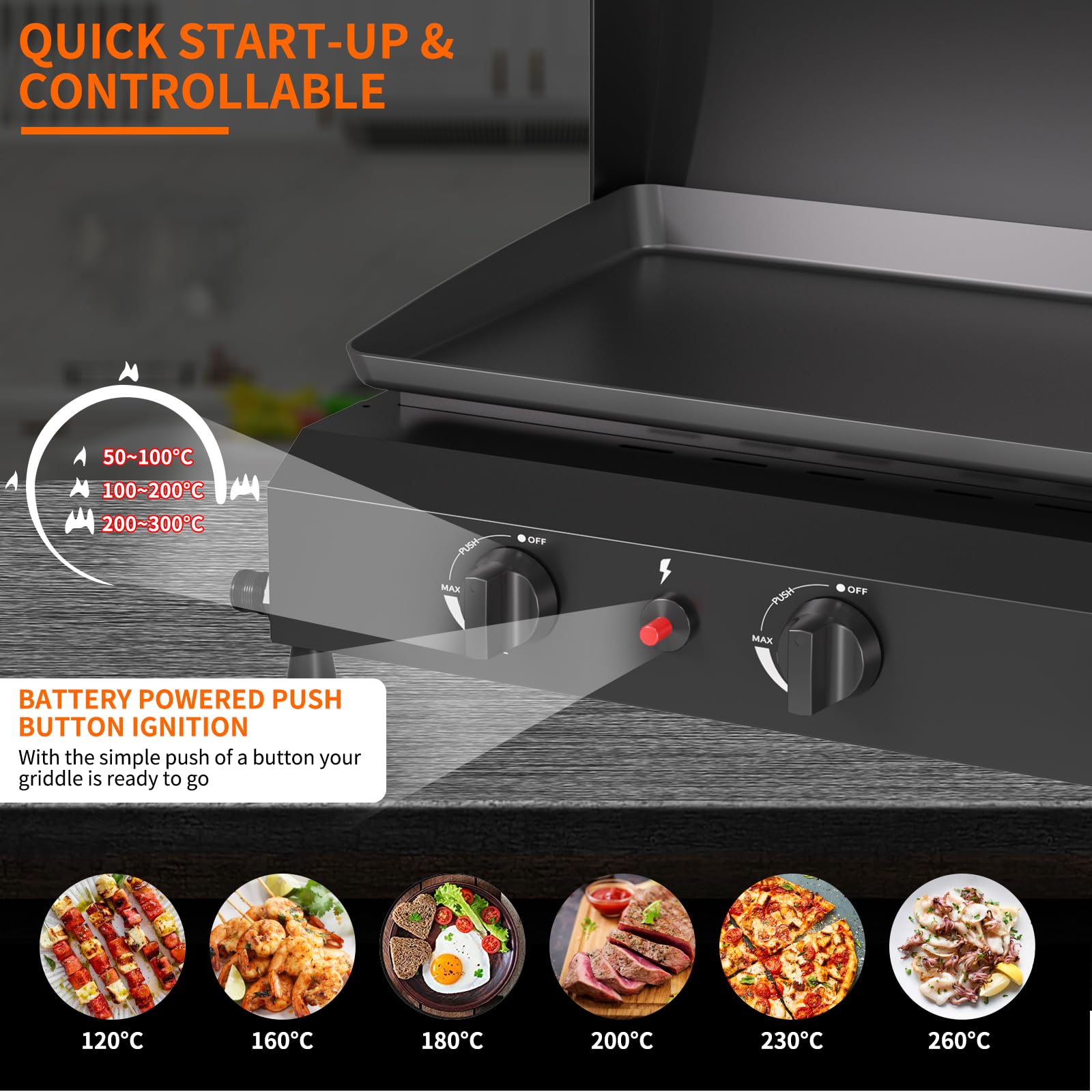 SKOK 3 Burner Gas Griddle with Hood - 23.3 Inch Outdoor Propane Griddle - 45000 BTU Portable Flat Top Gas Grill for Camping, Backyard BBQ & Tailgating - Perfect for Outdoor Cooking, Picnics & Family Gatherings