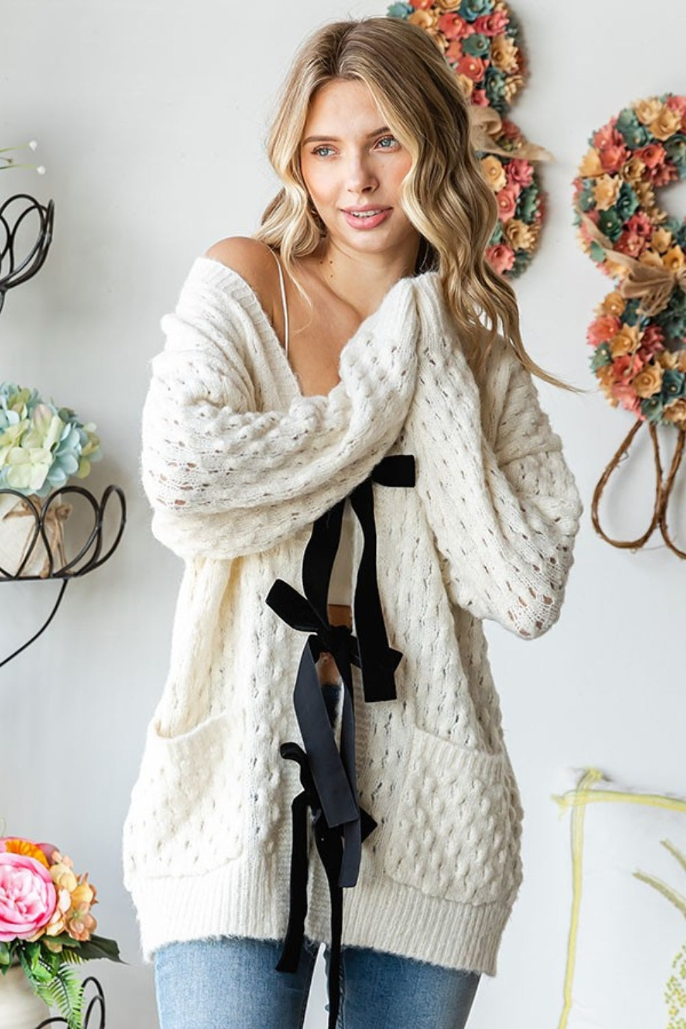 Black Bow Tie Front Closure Oversized Ivory Knit Cardigan Sweater for Women | Casual Loose Fit Long Sleeve Open Front Cover-Up | Perfect for Office, Date Night & Fall Layering