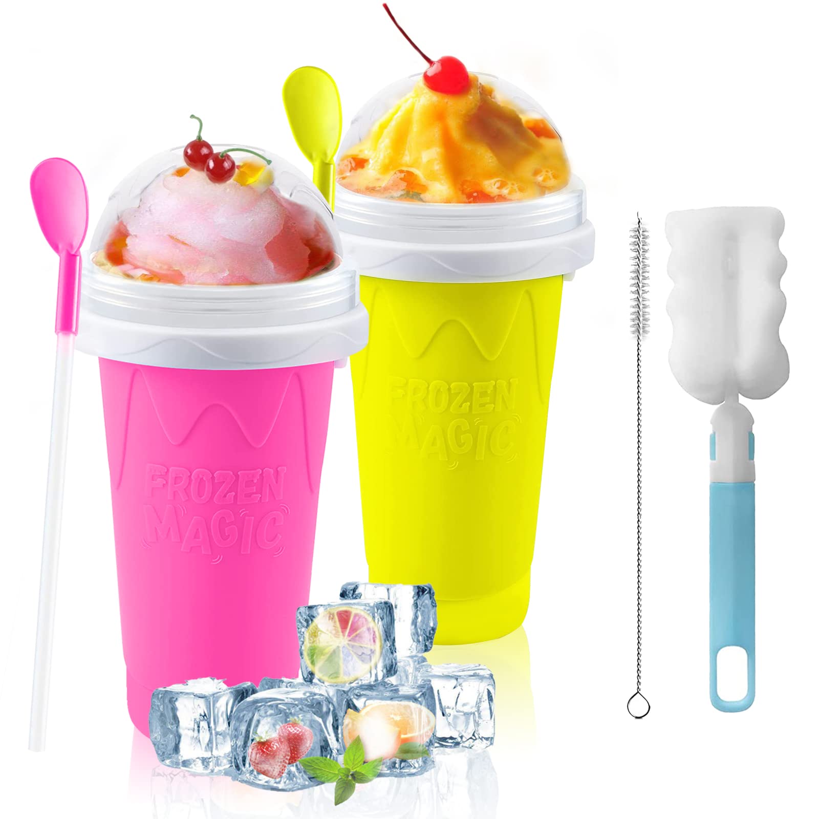 QwayHome 2PC Slushie Maker Cups - DIY Frozen Magic Slushy Cups with Double Layer Silica Gel, Quick Cooling Smoothie & Ice Cream Maker for Homemade Milk Shakes (Yellow+Pink) - Perfect for Summer Parties, Kids Treats & Backyard BBQs