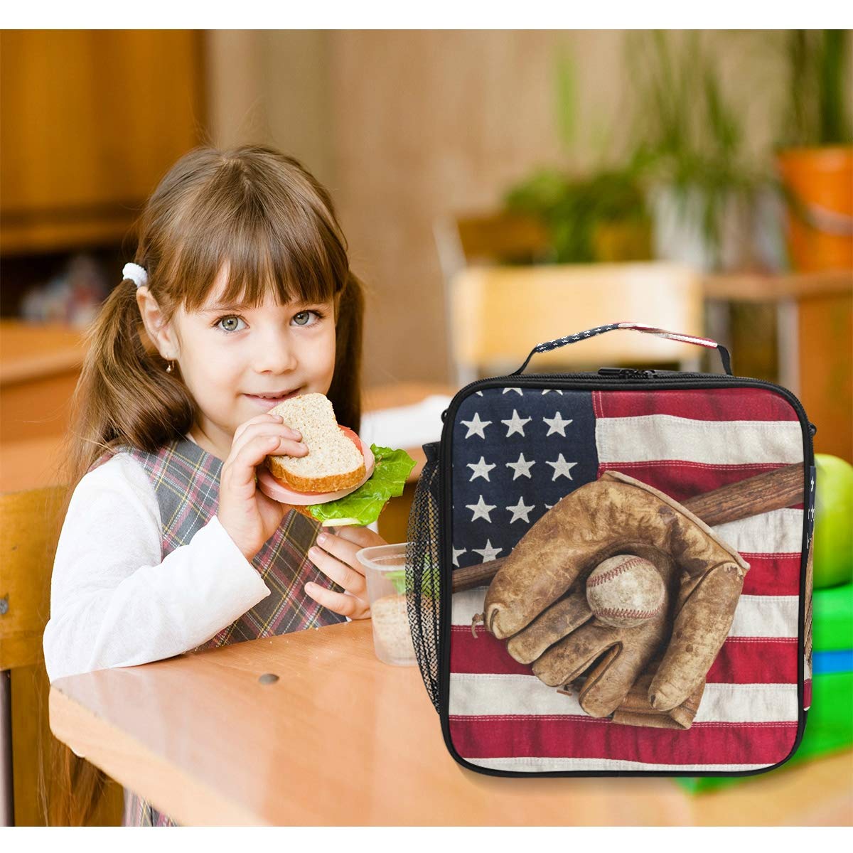 **American Flag Insulated Lunch Box - Baseball Sport Design Cooler Tote Bag with Shoulder Strap for Men, Women, Boys & Girls - Perfect for School, Work, Picnics & Outdoor Activities**