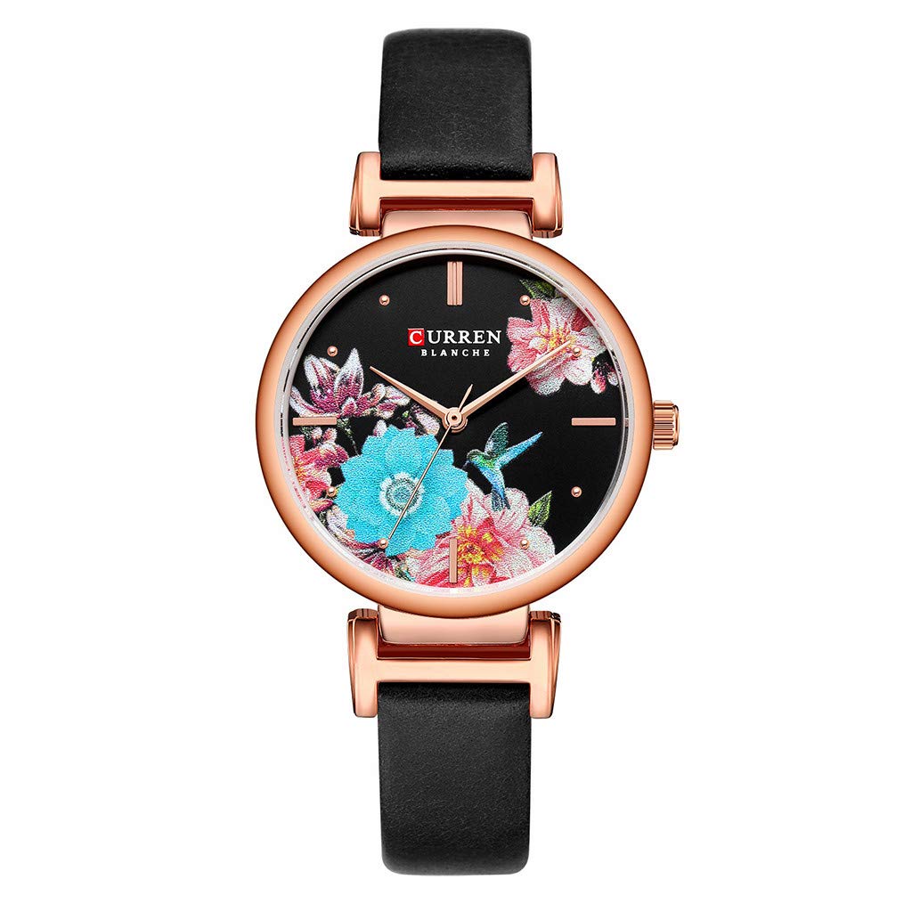 Women's Floral Quartz Watch - Waterproof Leather Band for Dress & Office