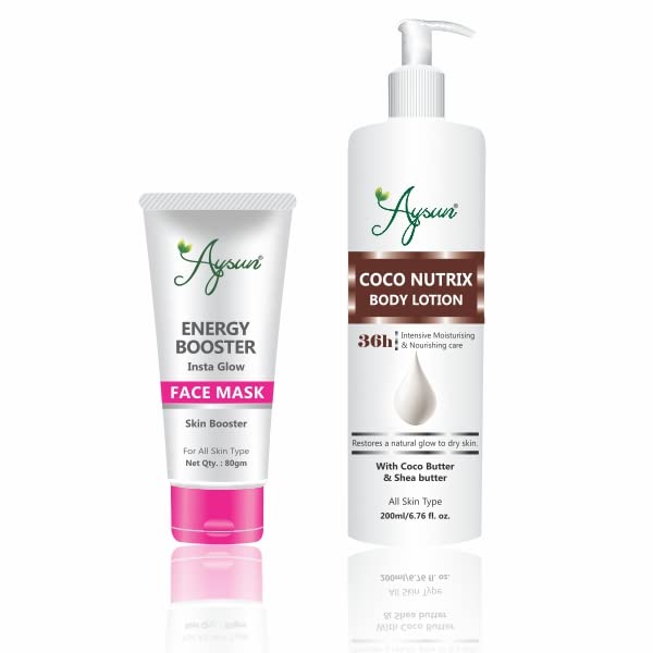 Aysun Energy Booster Face Mask & Coco Nutrix Body Lotion Set - Hydrating Skin Care Combo for Glowing Complexion | Perfect for Daily Skincare Routine & Spa Day at Home