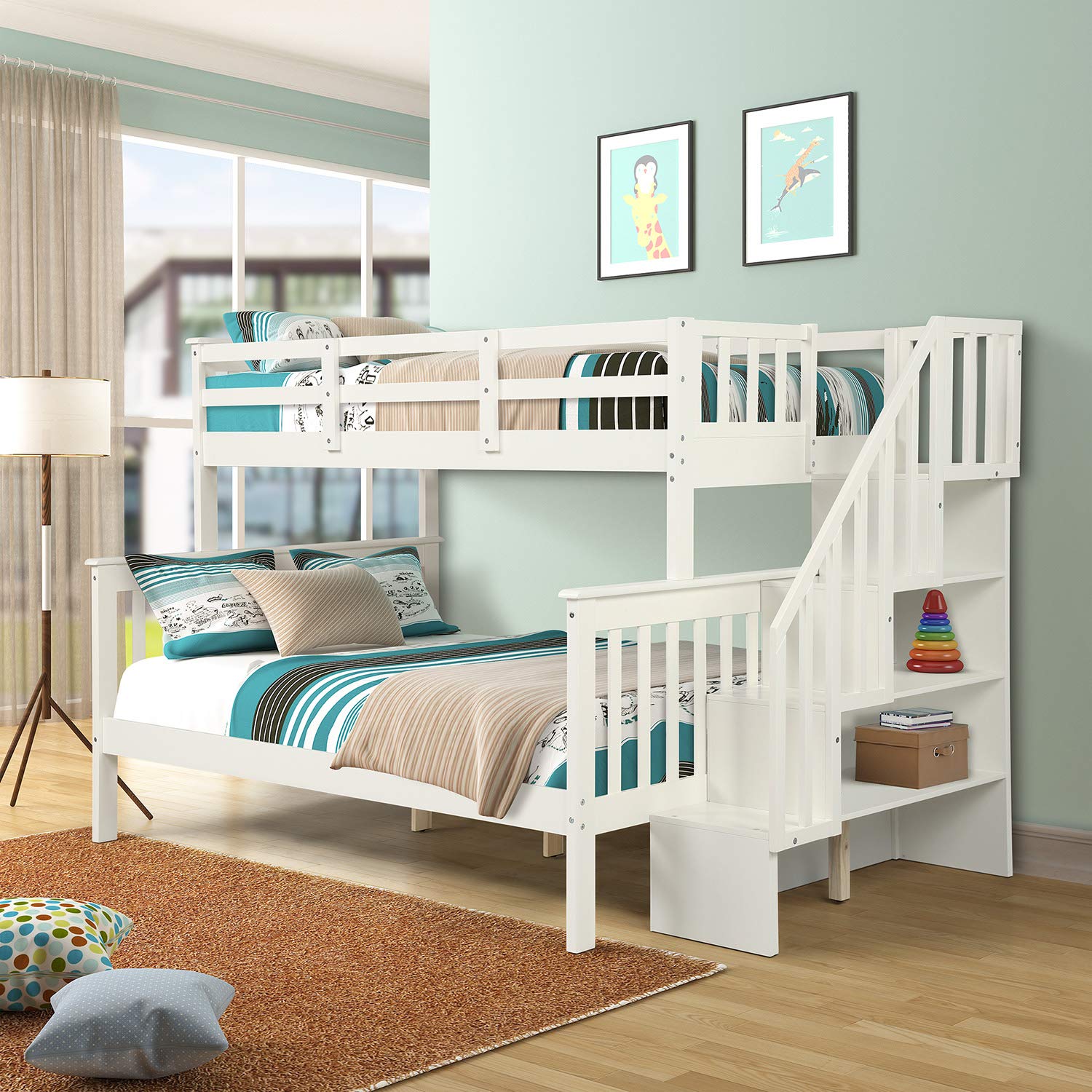 P PURLOVE Stackable Twin-Over-Full Bunk Bed with Stairway - Wooden Storage Bunk Bed with Shelves & Guard Rail for Teens & Kids - Convertible into 2 Separate Beds - White Bed Frame - Perfect for Small Rooms, Shared Kids' Bedrooms & Space-Saving Solutions