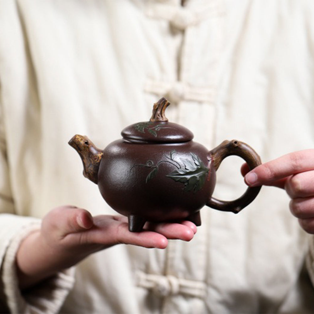 Premium Handcrafted Purple Clay Three-Legged Gourd Teapot - Authentic Yixing Zisha Teapot for Chinese Tea Ceremony, Gongfu Tea Brewing & Home Decoration