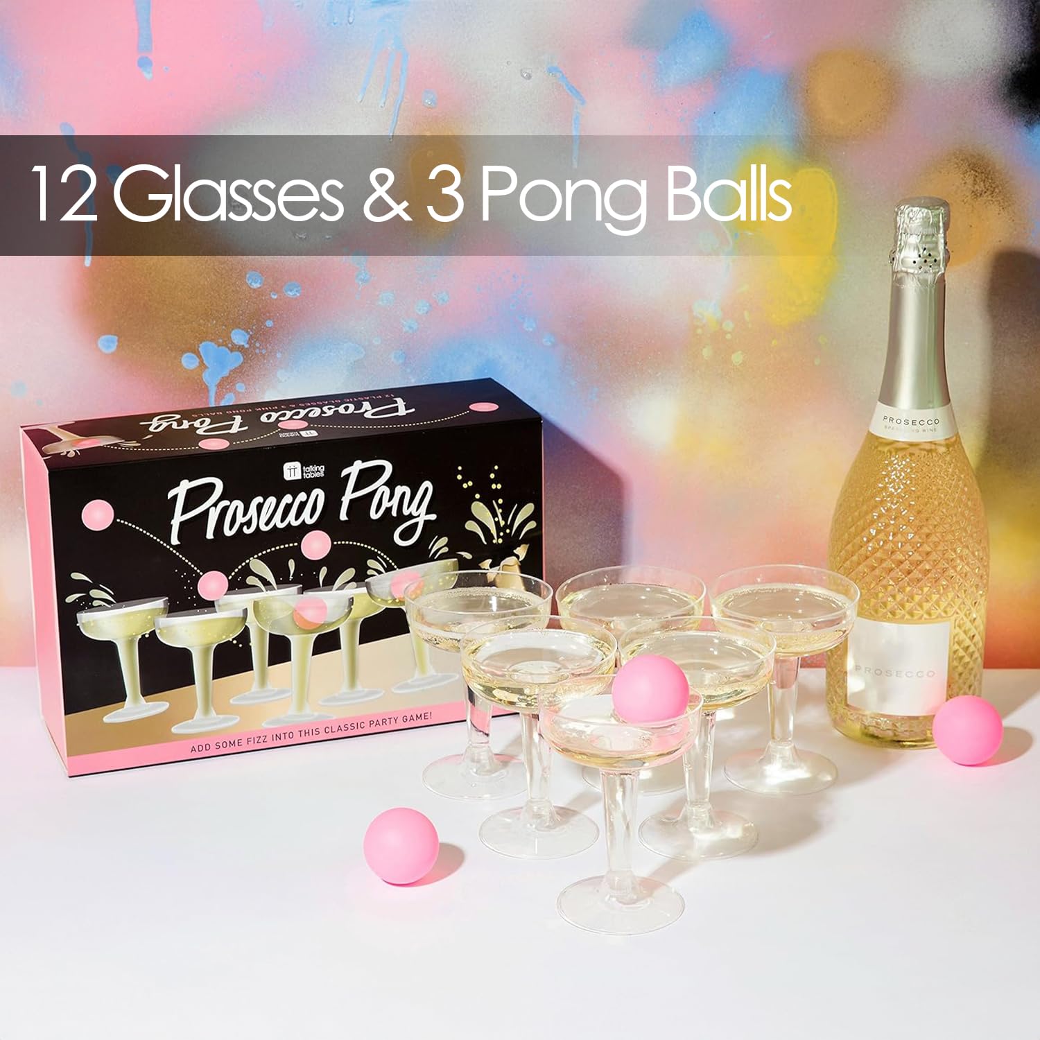 Talking Tables Prosecco Pong Drinking Party Game Set with 12 Glasses & Balls - Fun Adult Drinking Game for Bachelorette Parties, Girls Night Out, Birthday Celebrations, Bridal Showers, New Year's Eve & Christmas Gatherings - Perfect for Cocktail Parties & Social Events