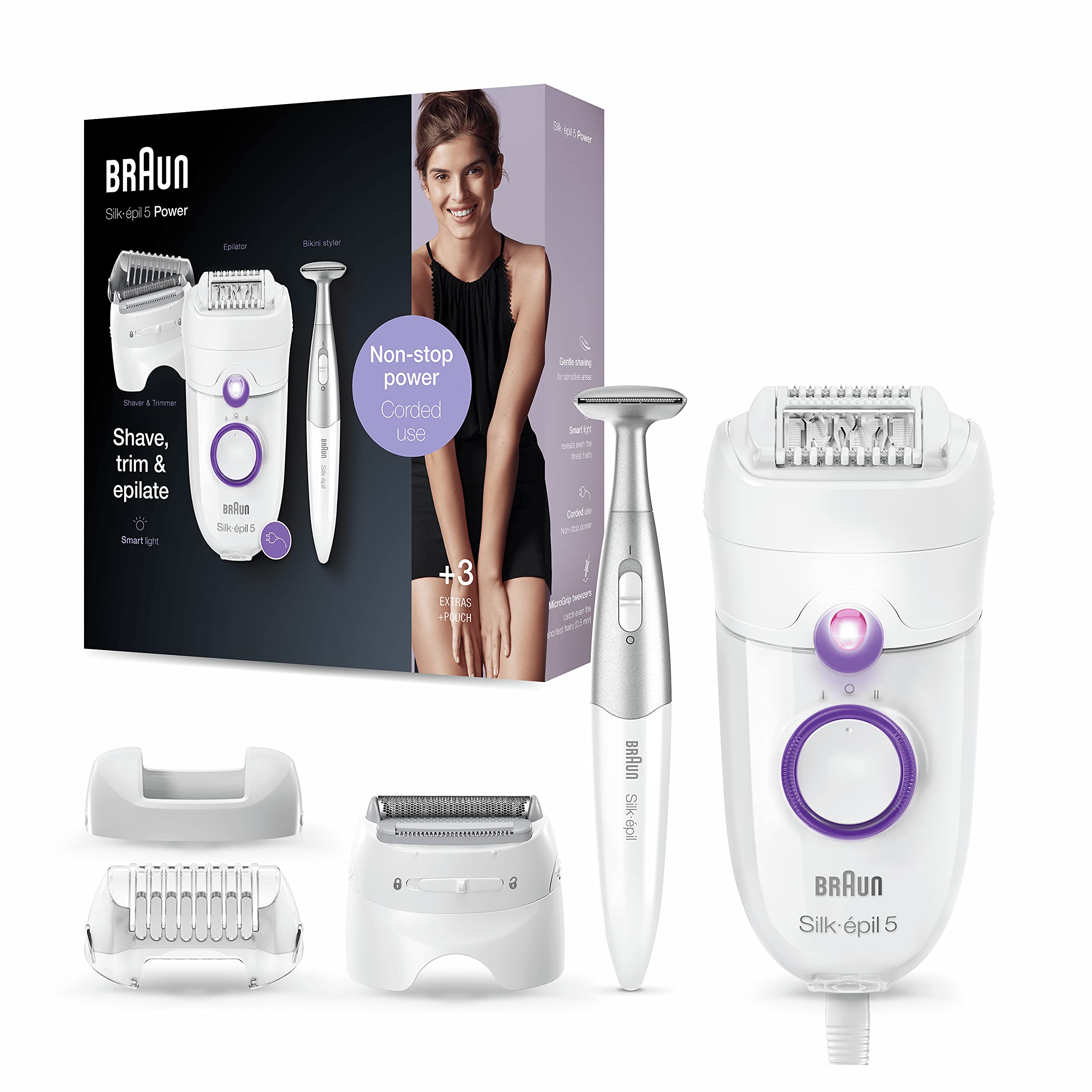 Braun Silk-épil 5 Power Epilator for Women - Electric Hair Removal Device with Shaver Head & Bikini Trimmer - Includes Mini Facial Hair Remover - Portable White/Purple Design - Perfect for Travel, Home Use & Smooth Skin Care