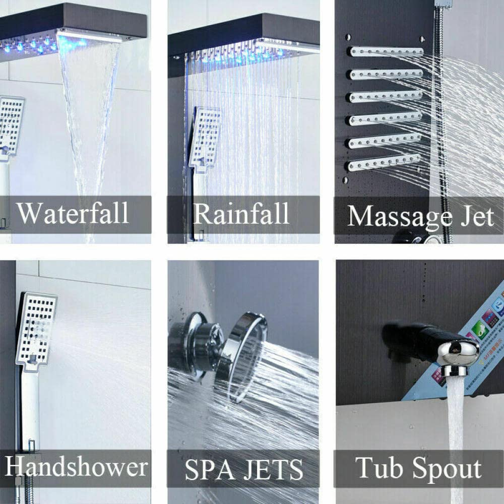 Stainless Steel LED Shower Panel Tower System with Rain & Waterfall Massage Nozzles - Modern Bathroom Upgrade for Spa-Like Experience at Home