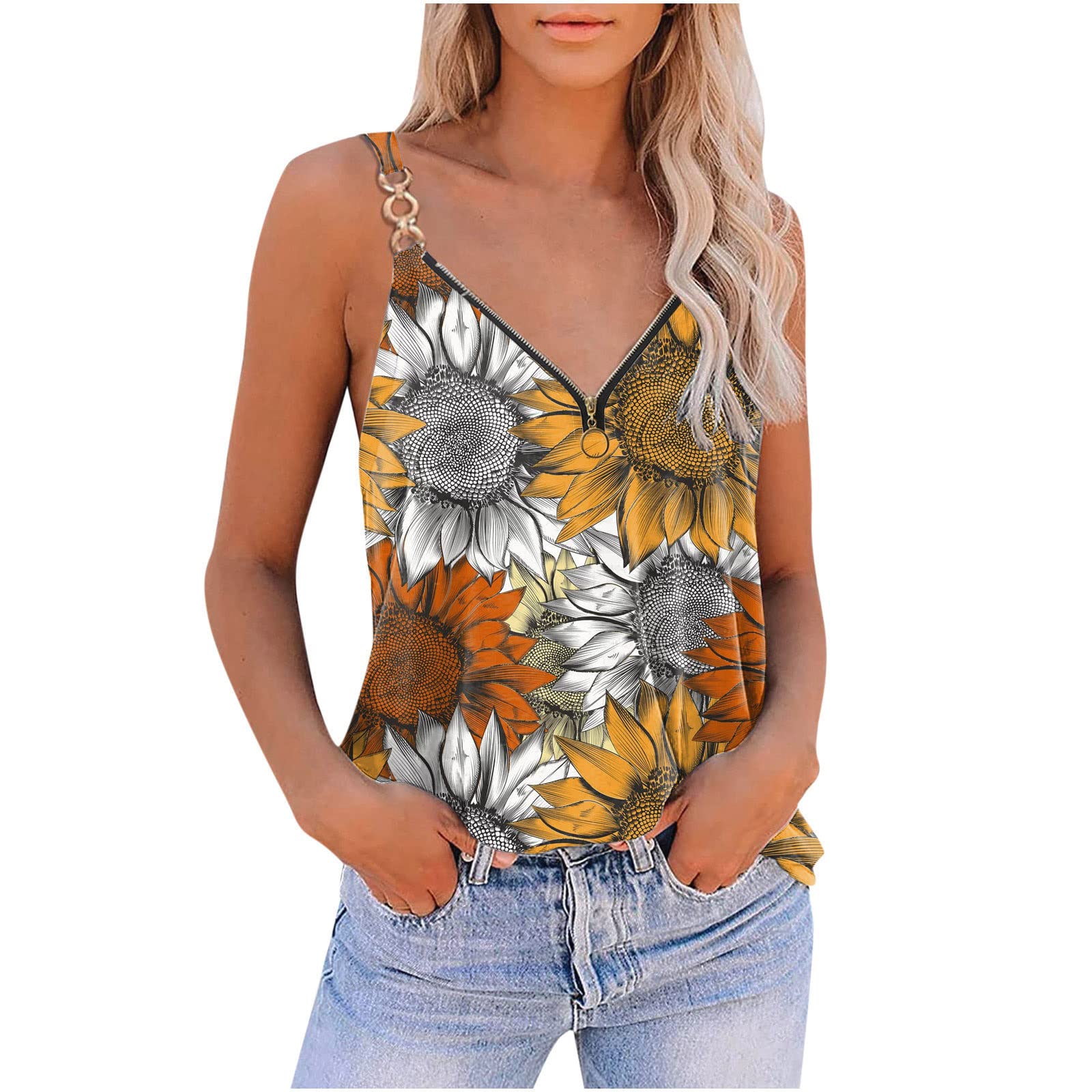 Women's Casual Summer Sleeveless V-Neck Tunic Top with Print & Zipper - Flowy Camisole Blouse for Beach, Vacation & Everyday Wear