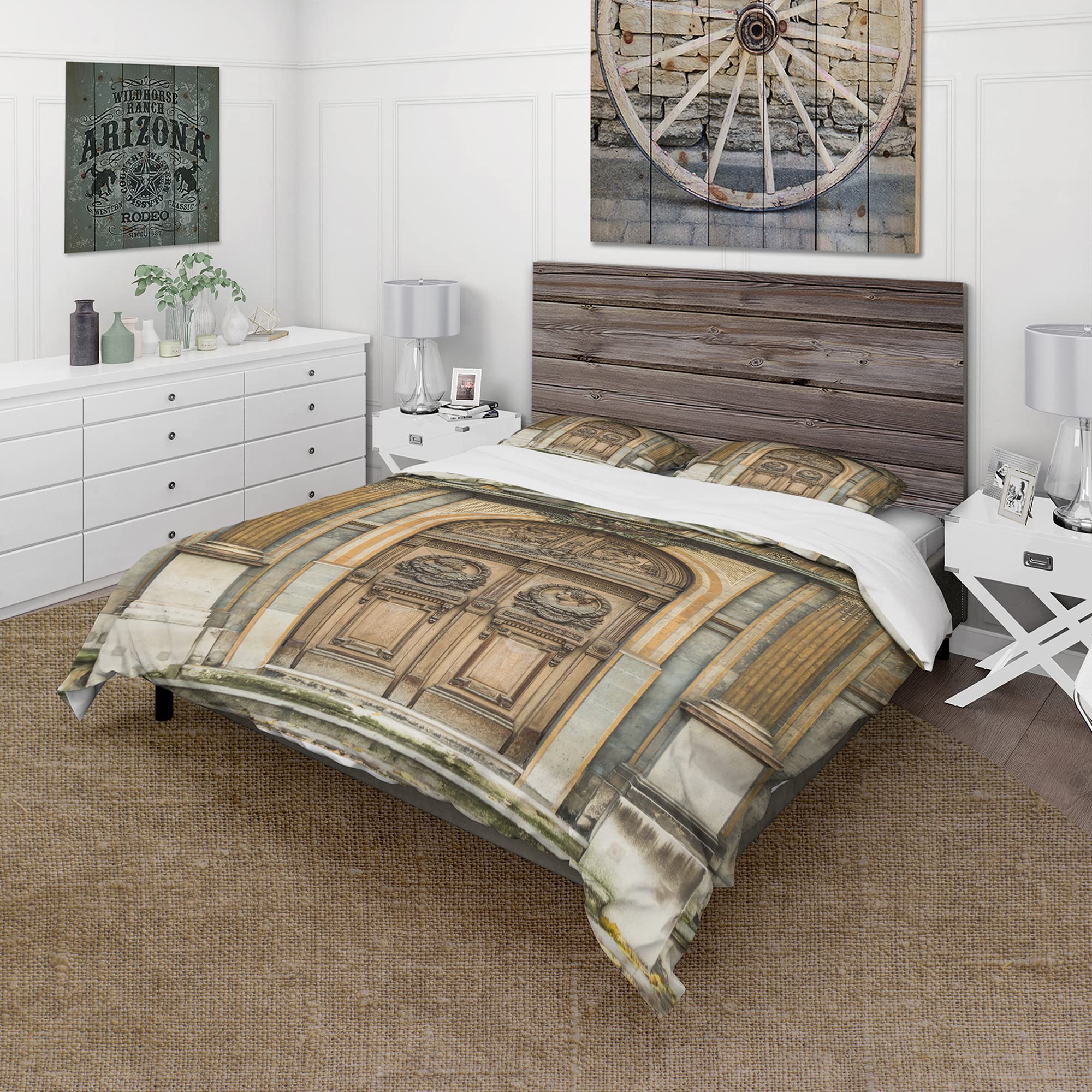 Vintage Carved Wooden Door Duvet Cover Set King - Parisian Traditional Bedding for All Seasons