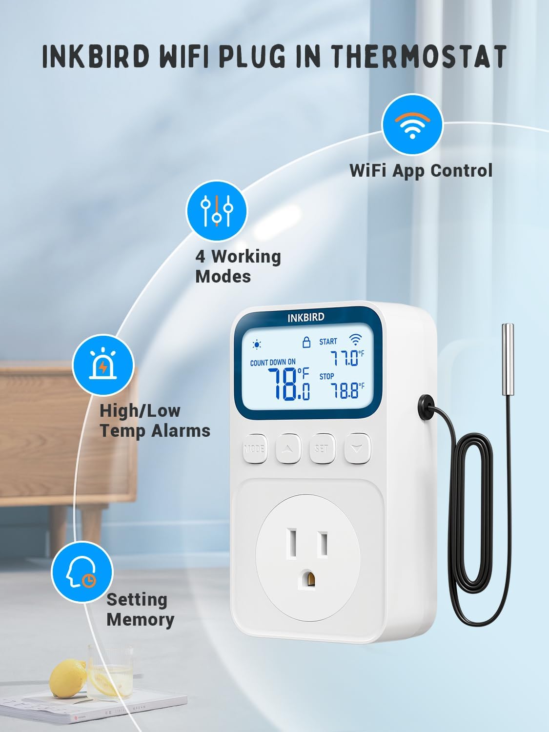 INKBIRD WiFi Smart Plug Thermostat 1800W 15A - Heating & Cooling Controller with Timer & Countdown Mode for Home, Greenhouse, Reptile Tank & Aquarium