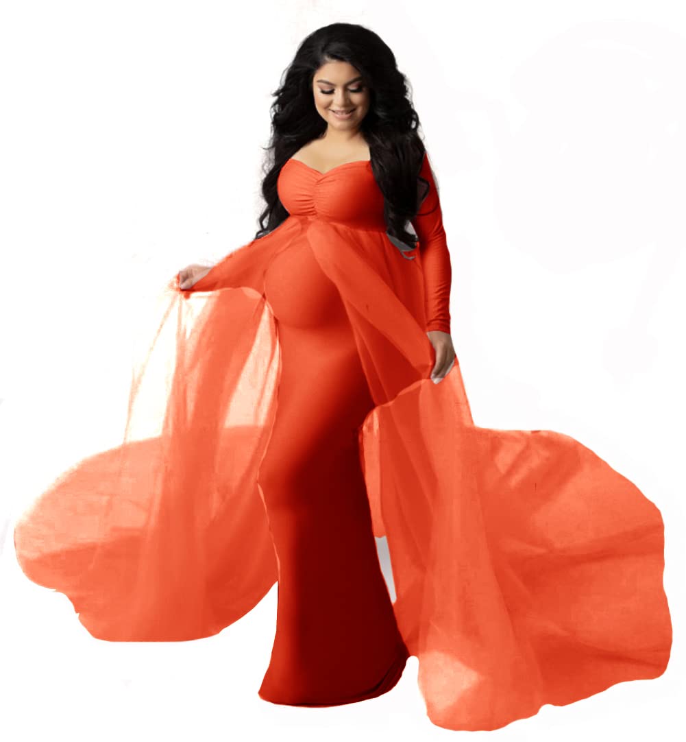 ZIUMUDY Women's Maternity Off Shoulder Tulle Dress for Photoshoot & Baby Shower - Elegant Long Sleeve Fitted Gown for Pregnancy Photos, Maternity Portraits & Special Occasions