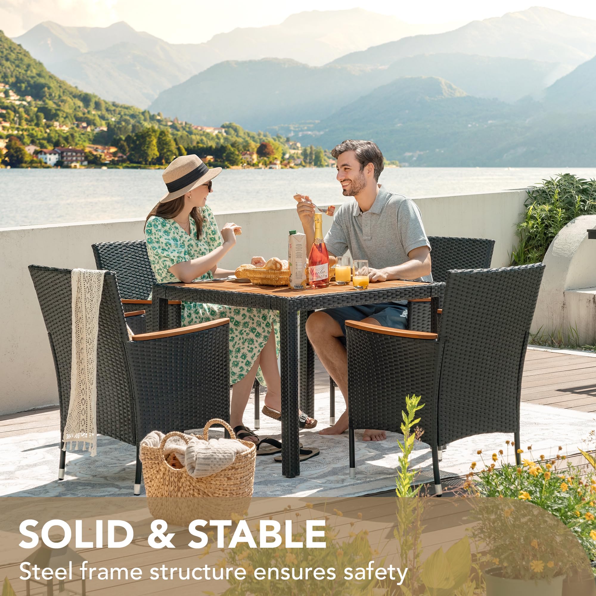 Devoko 5-Piece Outdoor Patio Furniture Set - Acacia Wood Top & Rattan Dining Table with Chairs for Backyard, Garden, Deck - Black | Perfect for Outdoor Entertaining, BBQ Parties, and Relaxing in Your Yard