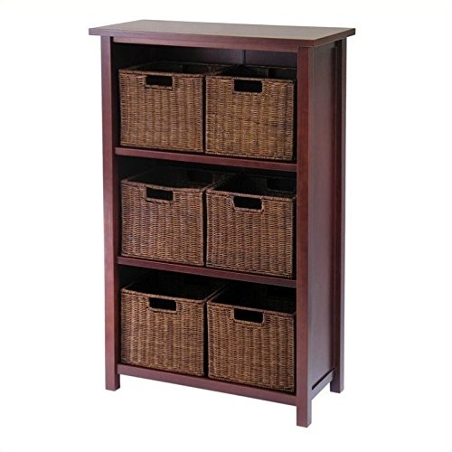 Pemberly Row 3-Tier Storage Shelf with 6 Wire Baskets in Antique Walnut Finish - Perfect for Bedroom, Bathroom, and Living Room Organization