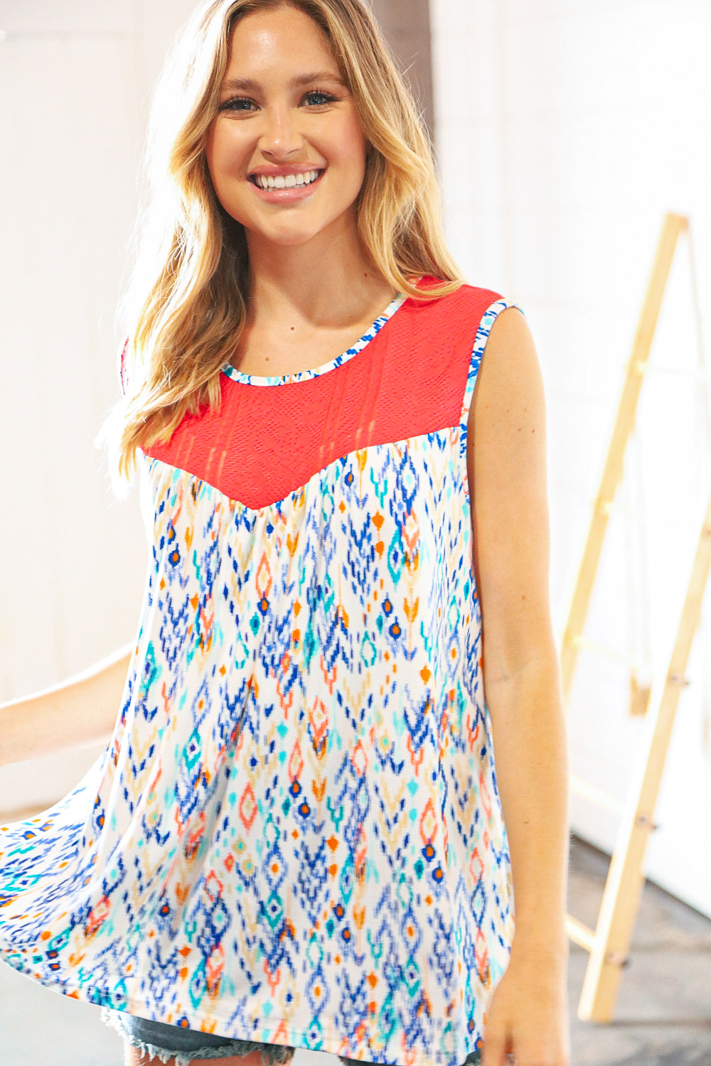 Stylish Coral Jacquard Lace Ethnic Print Tank Top for Women - Boho Chic Summer Blouse for Beach, Vacation & Casual Outings
