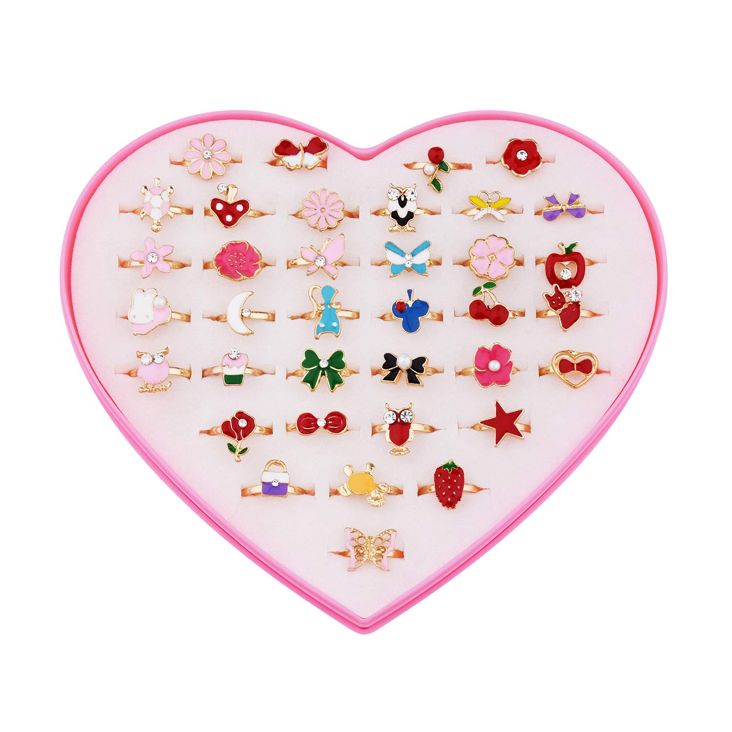 36 pcs Adjustable Rings for Kids - No Duplicate Pretend Play Jewelry Set with Heart-Shaped Display Case | Perfect for Dress-Up, Birthday Gifts & Role-Playing Games