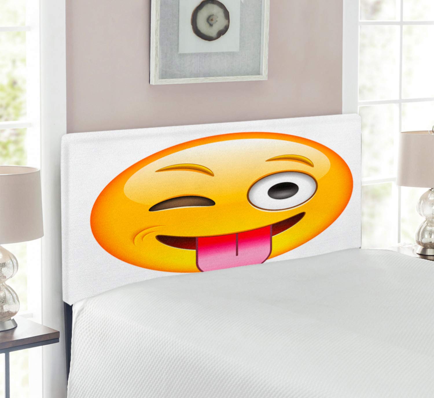Ambesonne Emoticon Headboard - Modern Cartoon Smiling Flirty Sarcastic Happy Face Tongue Illustration Print, Upholstered Decorative Metal Bed Headboard with Memory Foam, Twin Size Yellow | Perfect for Kids' Bedrooms, Dorm Rooms & Contemporary Home Decor
