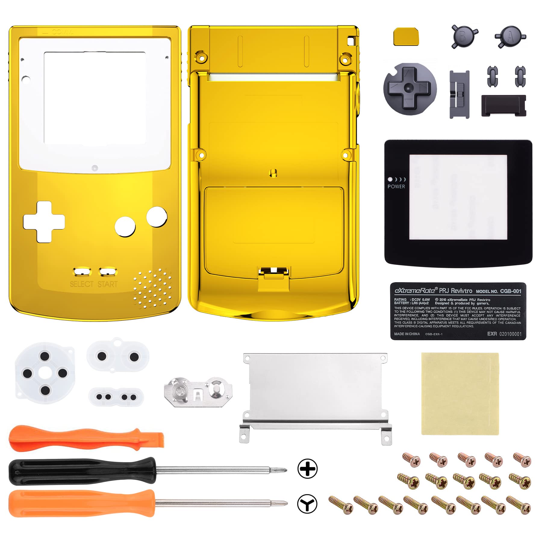 eXtremeRate Chrome Gold Replacement Shell & Black Screen Lens for Gameboy Color (GBC) - Compatible with OSD IPS, Regular IPS & Standard LCD Screens - DIY Console Housing Upgrade Kit - Perfect for Gameboy Color Modding & Retro Gaming Enthusiasts