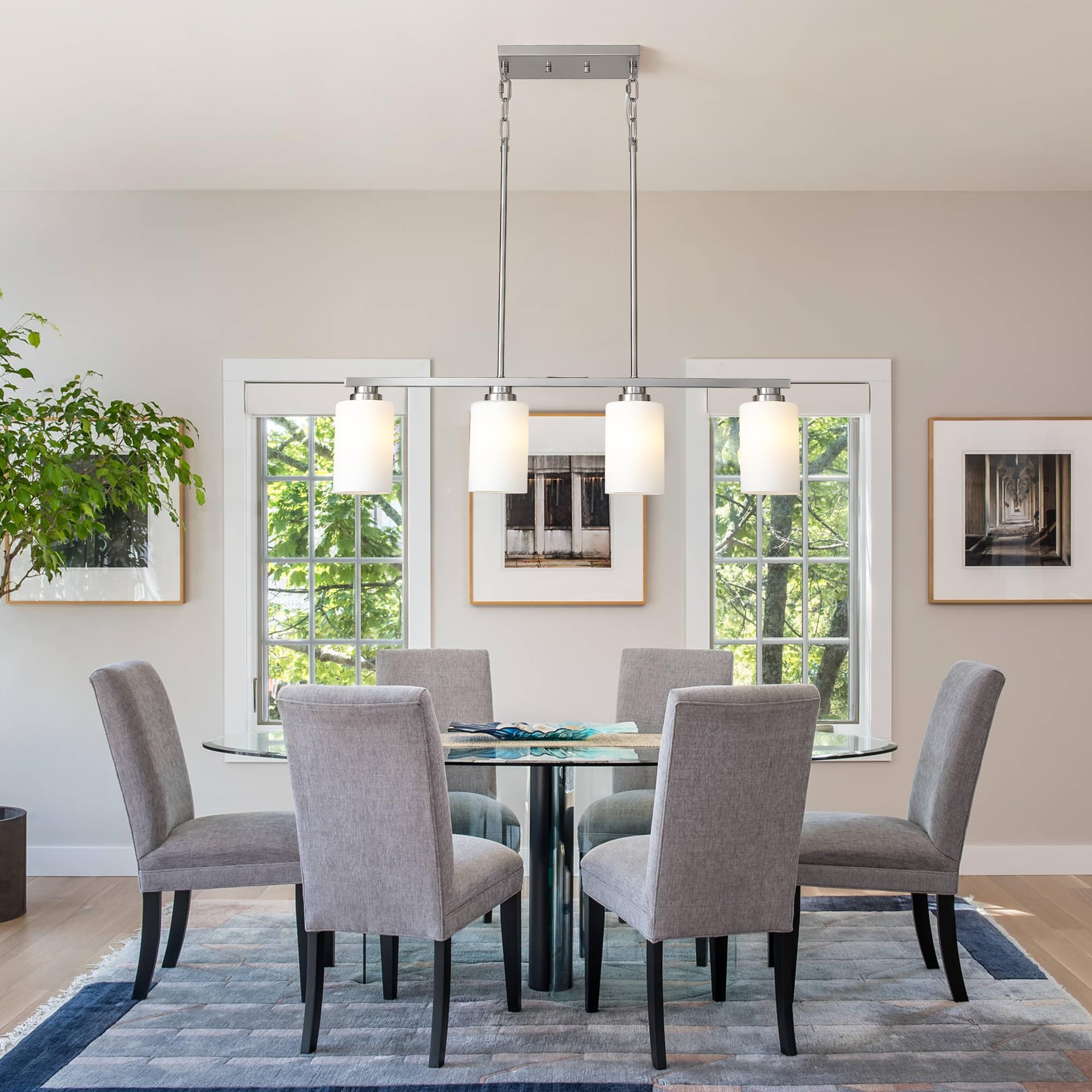 Brushed Nickel 4-Light Linear Chandelier Pendant Lighting with Milk Glass Shade - Modern Island Light Fixture for Kitchen, Dining Room & Living Room - Perfect Over Table, Kitchen Island & Dining Table Areas