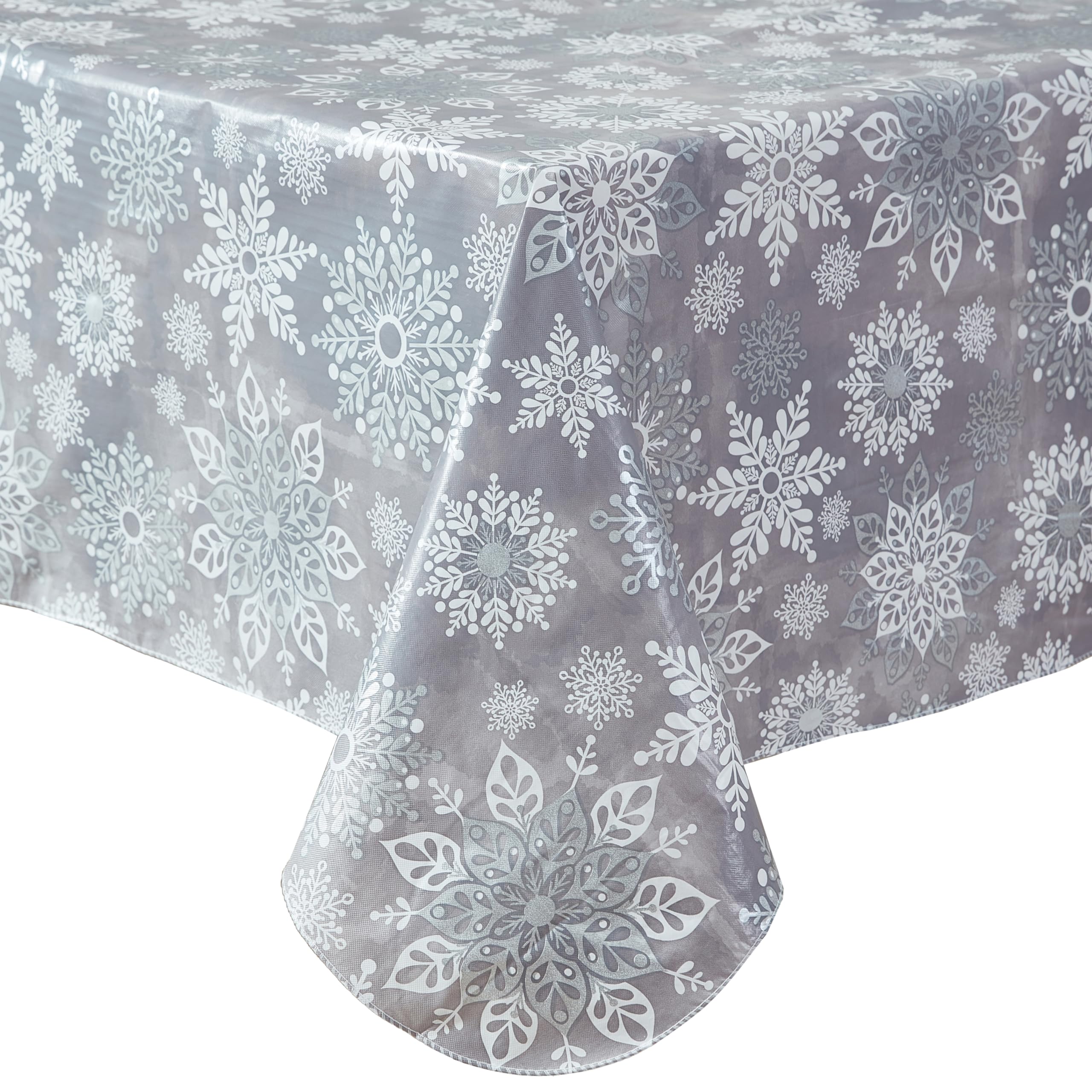 Newbridge Winter Sparkle Vinyl Flannel Backed Christmas Tablecloth - Silver Glitter Snowflake Print, Wipe Clean & Easy Care Holiday Table Cover, 52x52 Inch Square, Grey/Silver - Perfect for Holiday Dinners, Parties & Festive Home Decor