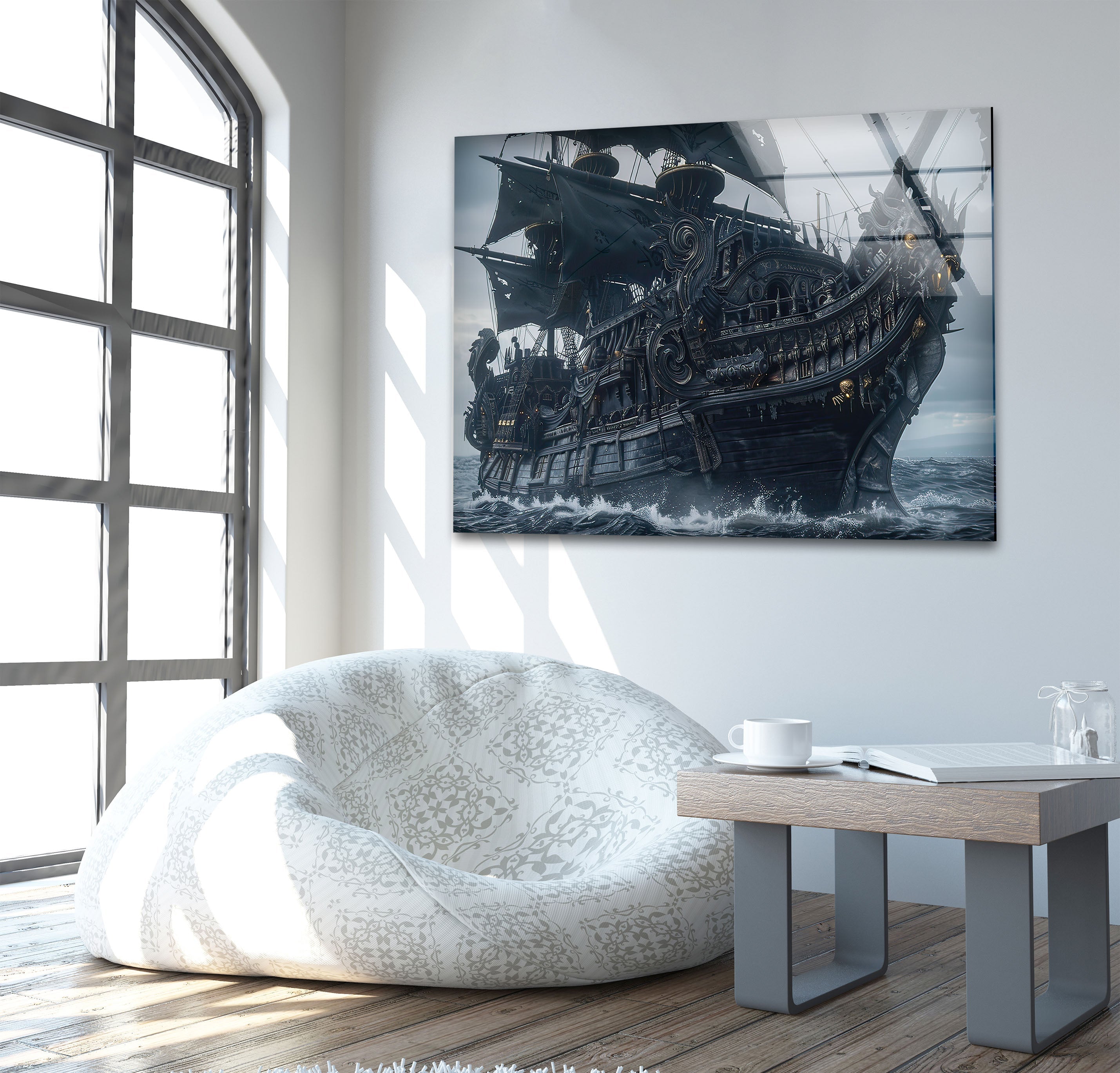 Large Pirate Ship Glass Wall Art Decor - Nautical Theme Stained Glass Window Hanging for Living Room, Bedroom, or Office