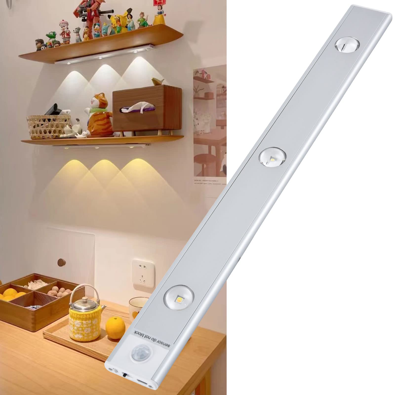 Wireless LED Motion Sensor Under Cabinet Lights - USB Rechargeable Dimmable Closet Lighting with 3 Color Options | Perfect for Kitchen, Coffee Bar, Wardrobe & Night Light Use
