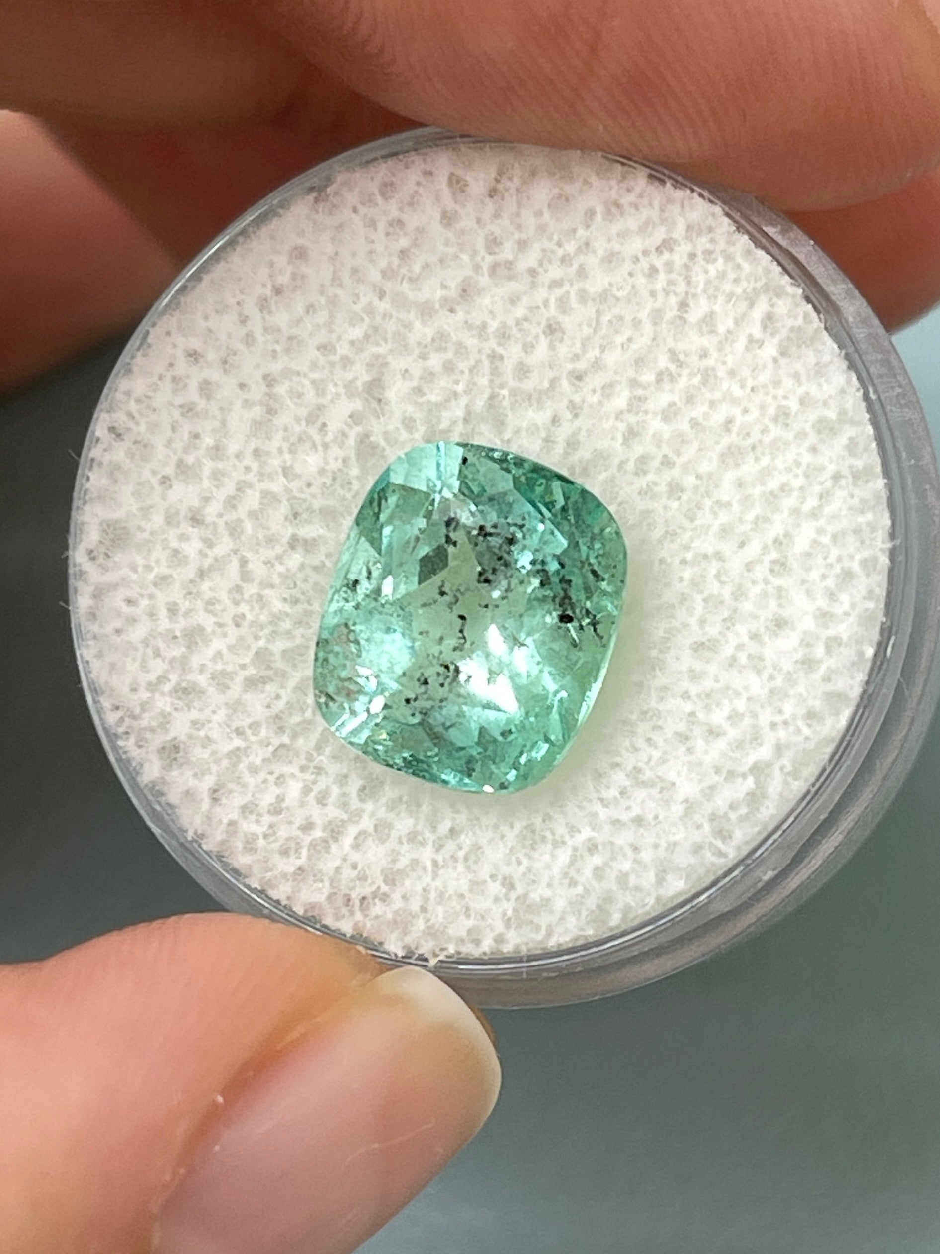 4.94 Carat 11x9.5mm Natural Colombian Emerald Loose Gemstone - Freckled Sea Foam Green Cushion Cut for Jewelry Making, Engagement Rings & Collector's Items