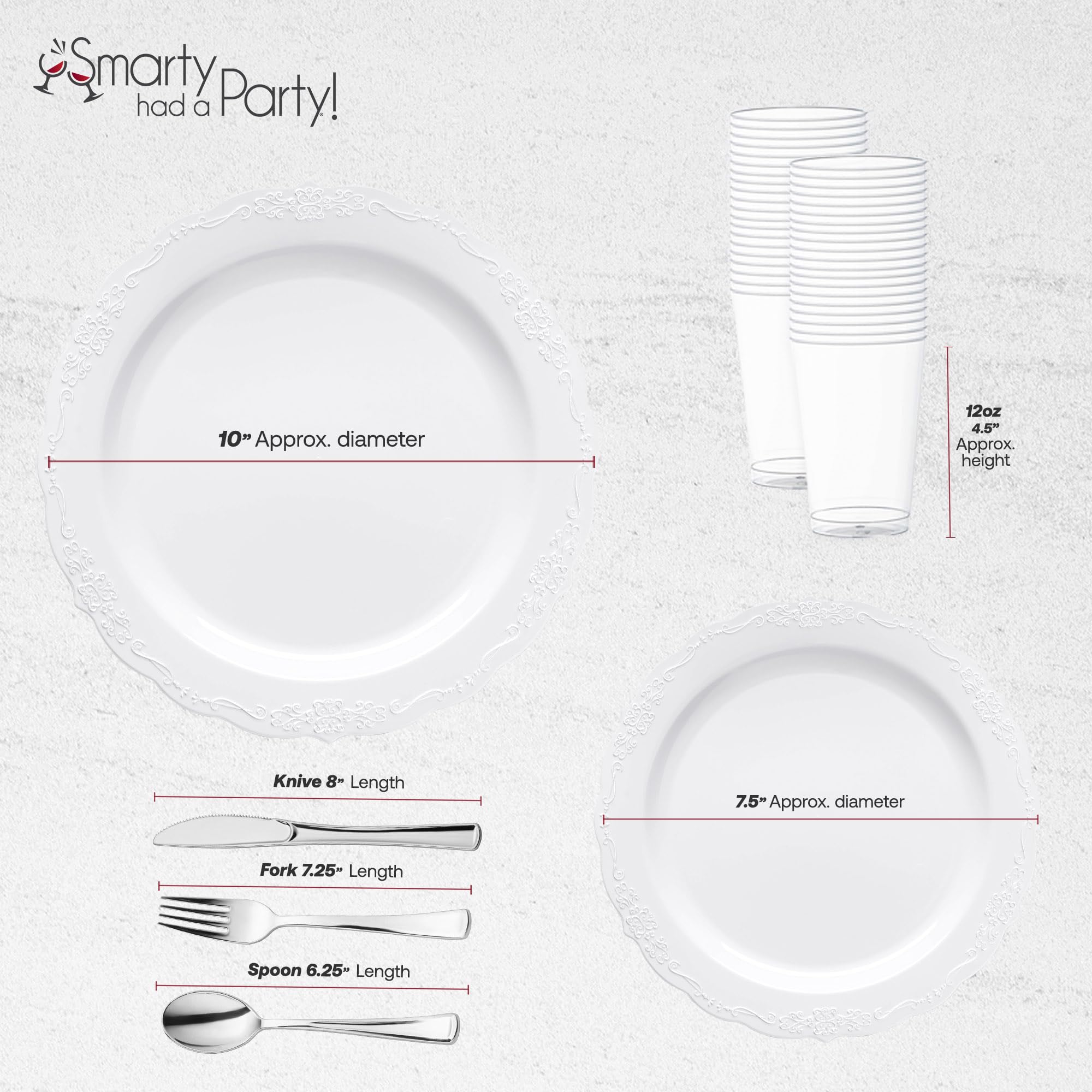Elegant Plastic Plates Wedding Value Set for 120 Guests - White & Silver Disposable Dinnerware with Silverware & Clear Cups | Smarty Had A Party | Perfect for Weddings, Bridal Showers & Formal Events