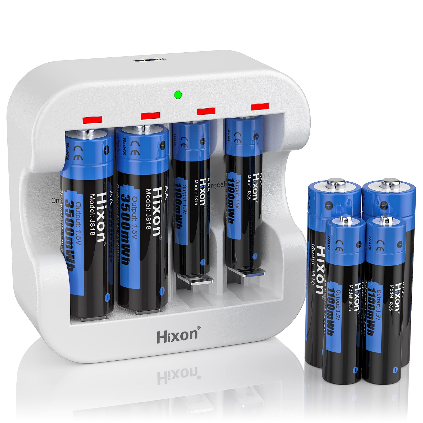 Hixon 8-Pack 1.5V Lithium Rechargeable AA AAA Batteries with Quick Charger - 4x 3500mWh AA & 4x 1100mWh AAA Batteries - 4 Independent Slot Charger - Perfect for Cameras, Game Controllers, and Smart Home Devices