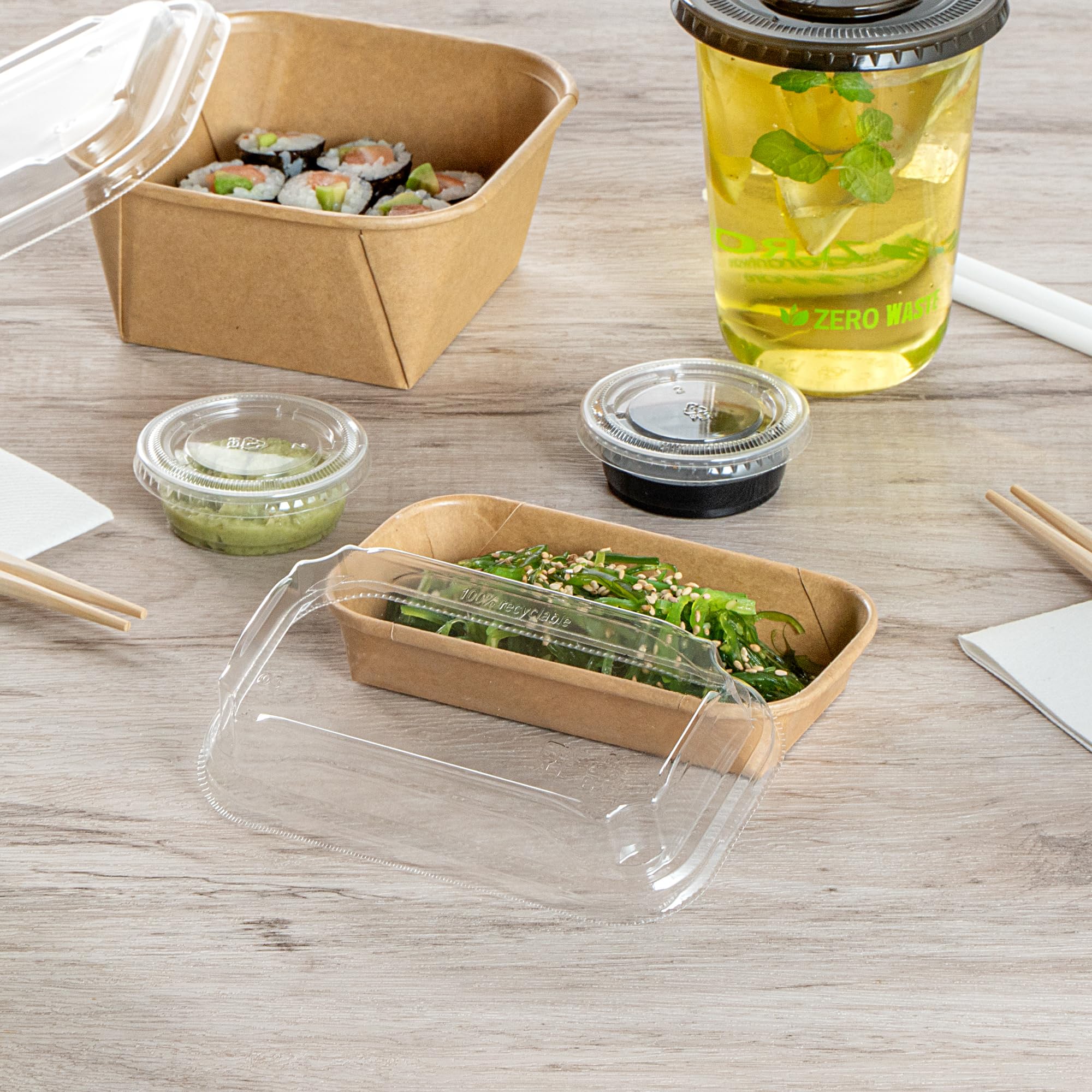 Matsuri Vision 5.6 x 3.2 x 1.2 Inch Clear Plastic Dome Lids for Sushi Containers - 50 Pack Airtight No-Fog Lids (Containers Sold Separately) - Perfect for Sushi Restaurants, Catering & Takeout Boxes