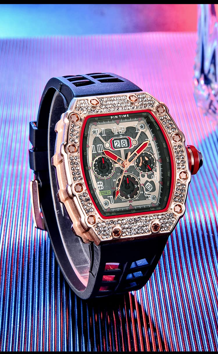 Luxury Gosasa Men's Diamond Tonneau Watch - Analog Chronograph with Date Calendar, Large Rectangle Face & Silicone Strap - Perfect for Business, Dress & Work Attire | Elegant Wristwatch for Formal Events & Professional Settings