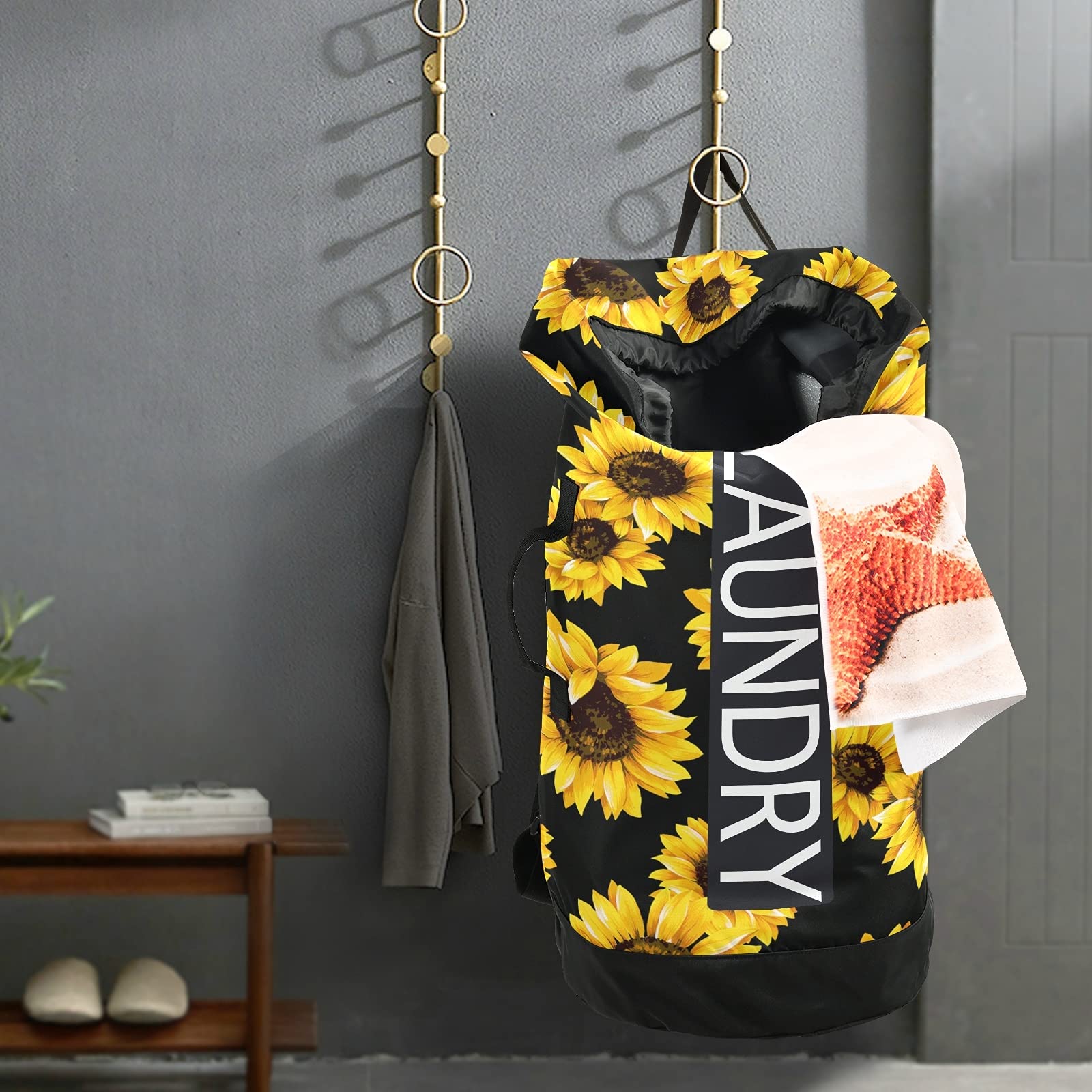 Black Mesh Laundry Backpack - Sunflower Design Wash Bag for Dirty Clothes | College, Travel, Camping & Dorm Essentials | Perfect for Laundry Day, Gym & Sports Gear Storage