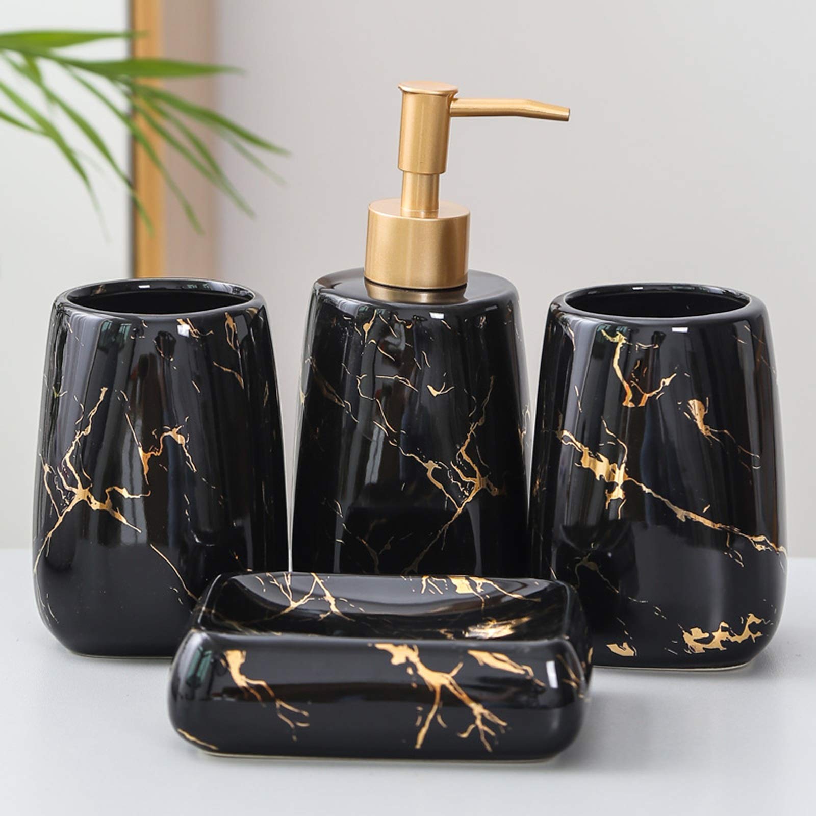 4-Piece Ceramic Soap Dispenser Set - Modern Refillable Liquid Soap Pump Bottles for Bathroom & Powder Room | Includes Soap Dispenser, Mouthwash Cup & Saucer | Perfect for Home, Hotel & Spa Decor