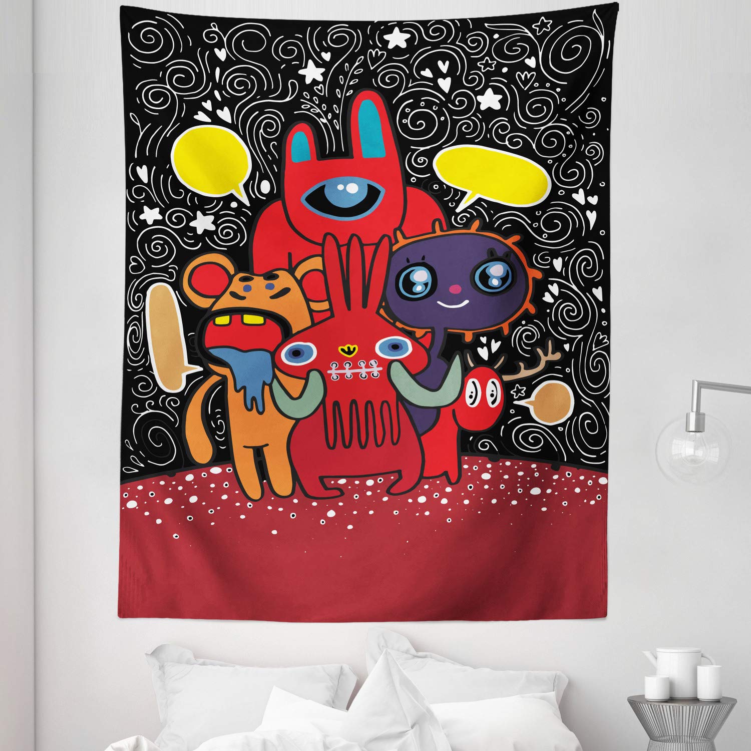 Ambesonne Indie Tapestry Twin Size - Monster City Theme Wall Hanging with Funny Characters, Speech Bubbles & Floral Swirls - 68x88 Inch Multicolor Bedspread, Bed Cover & Wall Decor for Teen Rooms, Dorm Decor & Gothic Home Decor