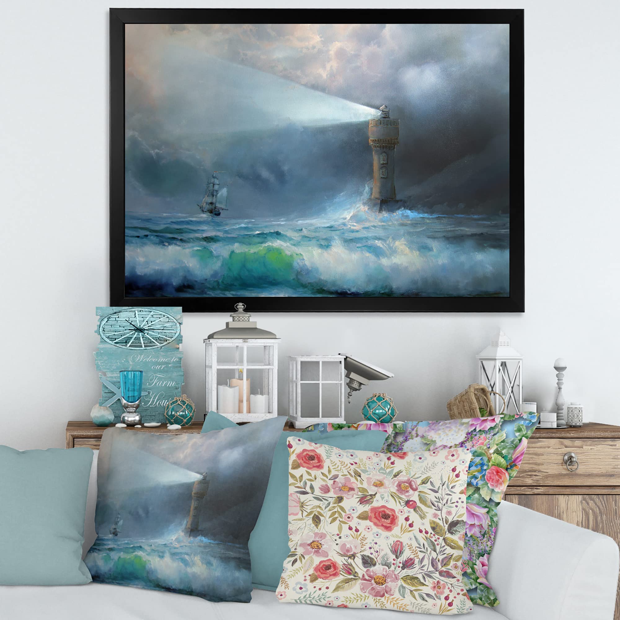 Lighthouse Shining Light During Stormy Night II - Nautical & Coastal Framed Wall Art for Living Room, Bedroom & Office Decor | Beach House & Coastal Theme Home Decor