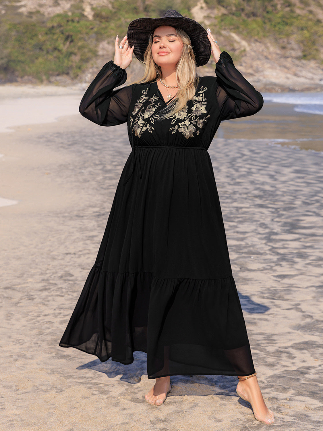 Plus Size Embroidered Tie Neck Long Sleeve Beach Maxi Dress for Women - Flowy Summer Vacation Dress for Beach Wedding, Party & Boho Outfits