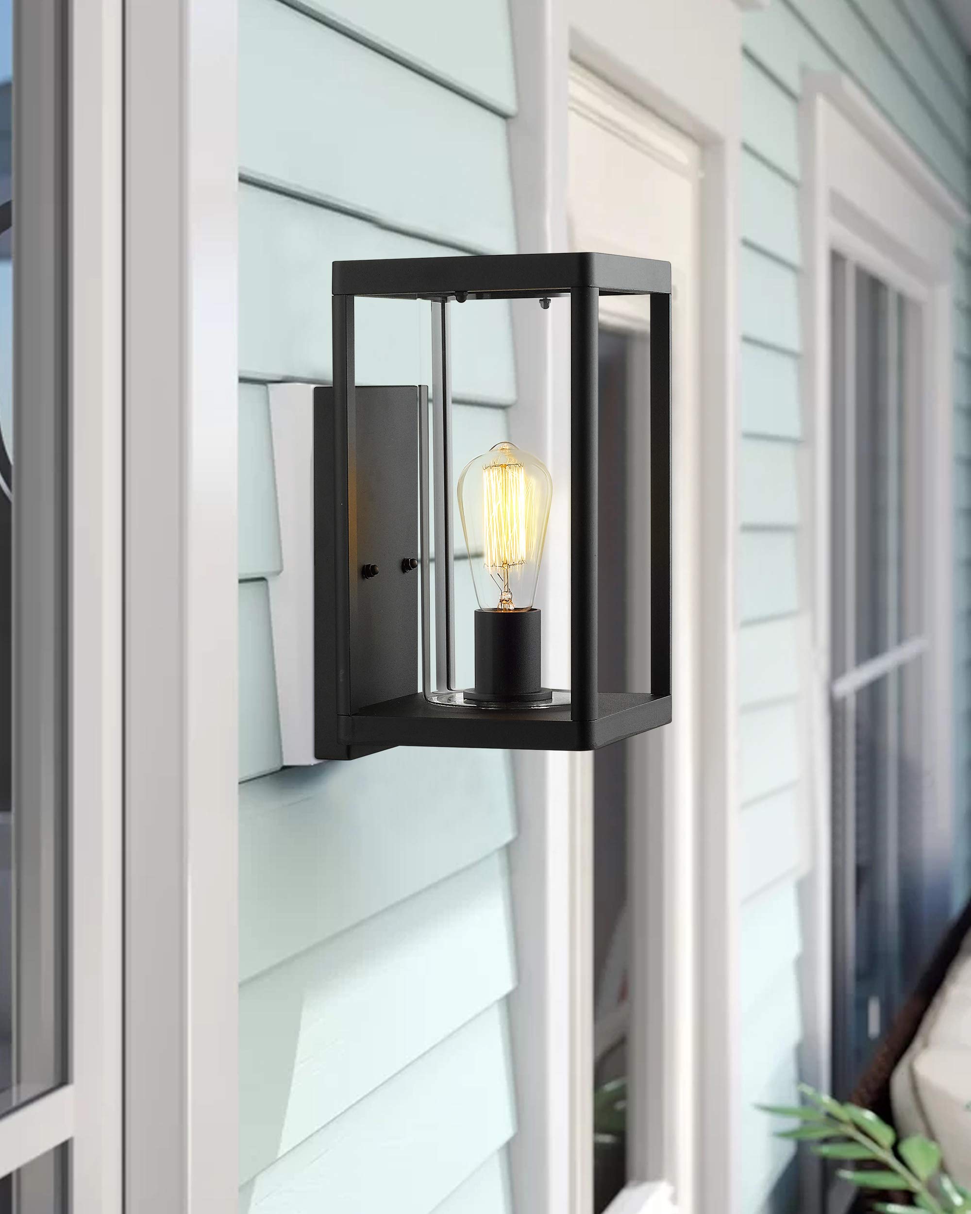 Beionxii Outdoor Wall Lights - Dusk to Dawn Sensor, Modern Exterior Wall Sconces for Porch & Patio, Black Cast Aluminum with Clear Cylinder Glass (2-Pack) - Perfect for Entryway, Garden & Backyard Lighting