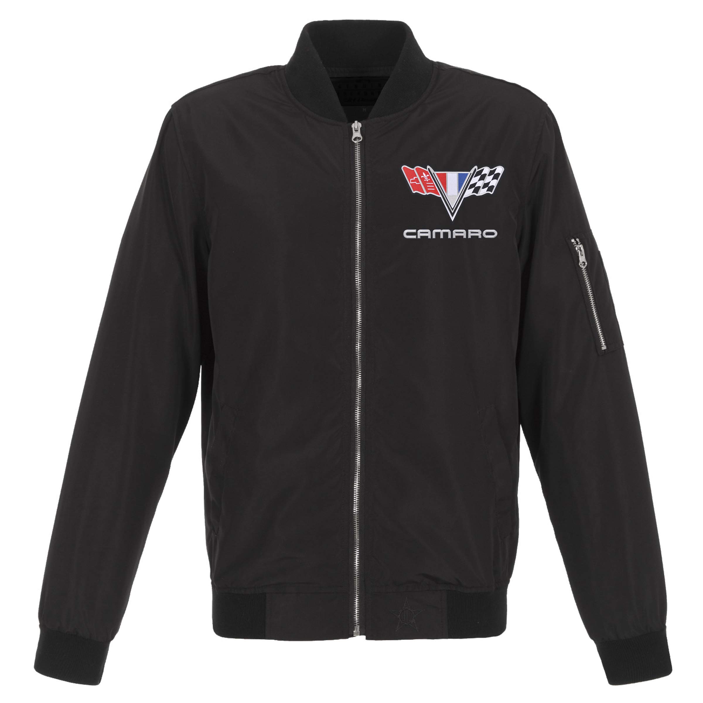 JH DESIGN GROUP Men's Chevy Camaro V-Flags Emblem Lightweight Zip-Up Nylon Jacket - Windproof Casual Outerwear for Motorcycle Riding, Car Enthusiasts & Streetwear Fashion