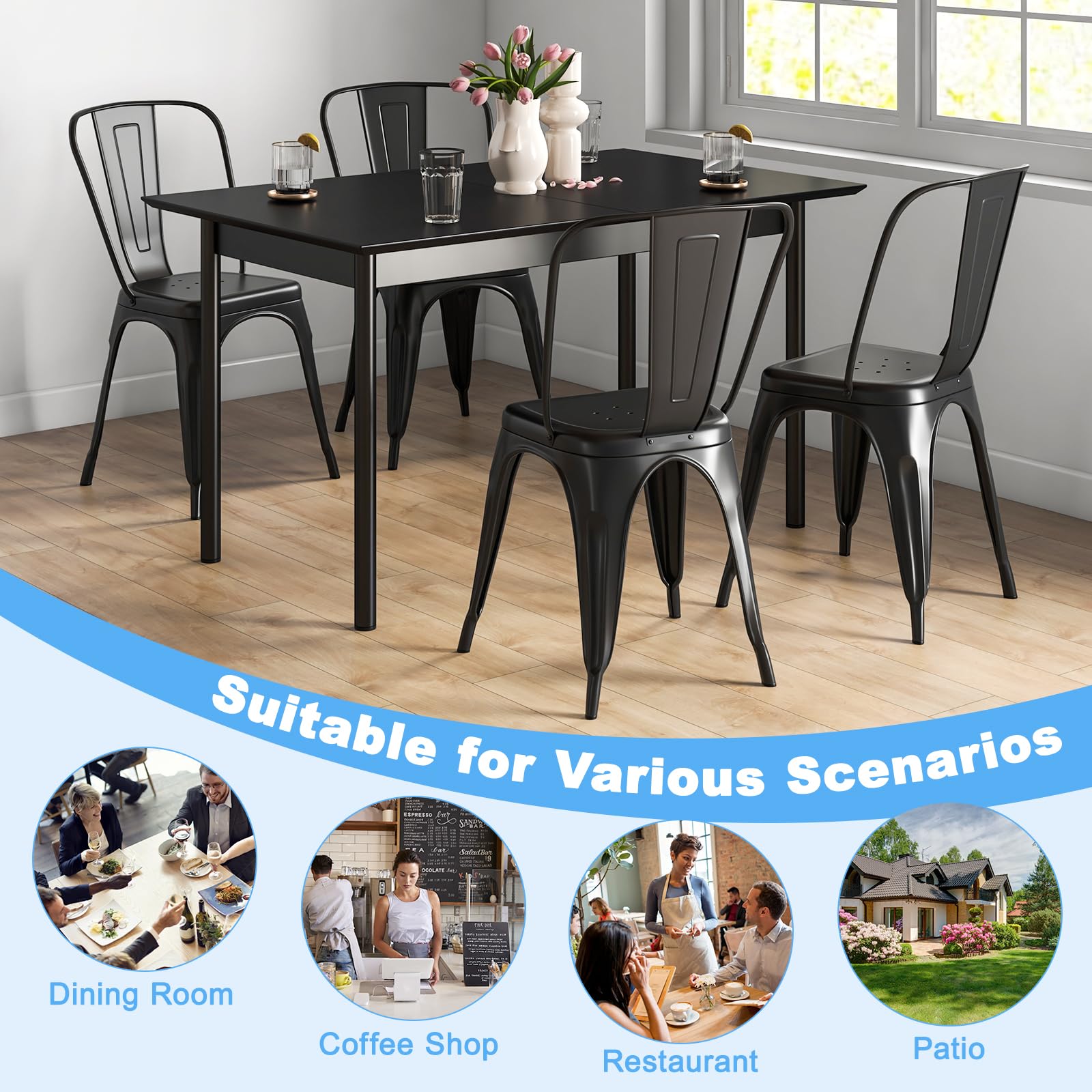 RELAX4LIFE 4-Pack Stackable Metal Dining Chairs with Detachable Backrest & Rubber Feet - Indoor Outdoor Kitchen, Cafe, Restaurant & Patio Use - Black Armless Bar Stools Set for Home & Commercial Spaces