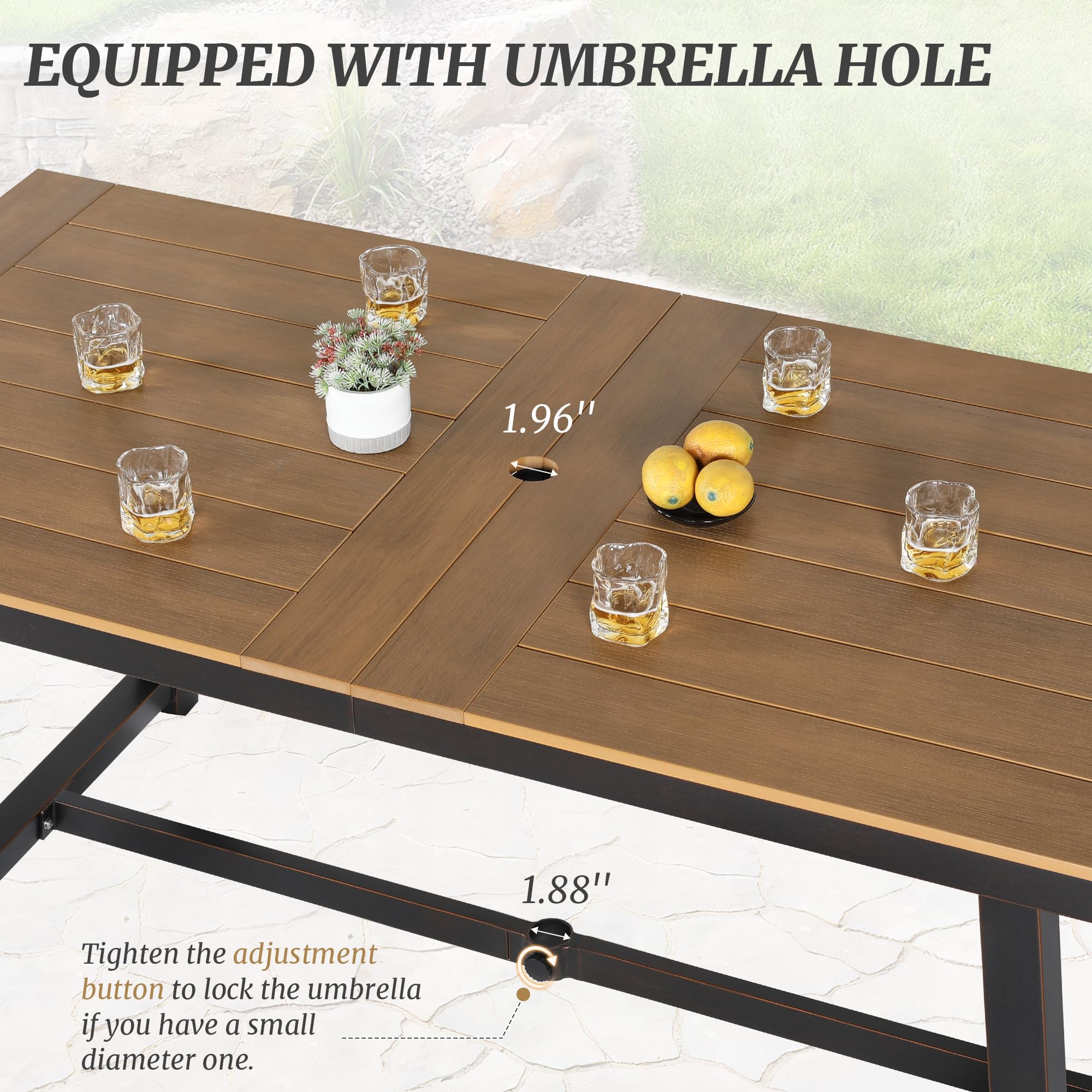 7-Piece Outdoor Patio Dining Set - All-Weather HDPS Table & Chairs with Umbrella Hole - Brown Oil Printed Patio Furniture for Backyard, Garden & Poolside Relaxation