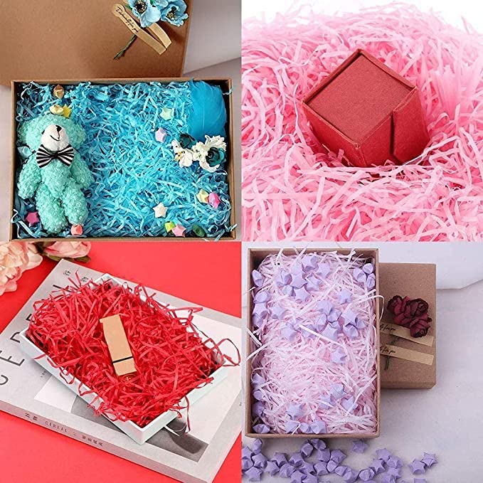 JK Gold & Pink Crinkled Shredded Paper Grass Confetti - 1 Pack (159 Pieces) for Gift Basket Filling, Hamper Decor, Party Box Packing, DIY Crafts, Wedding & Baby Shower Decorations - Raffia Crinkle Paper Strips for Festive Events & Home Decoration