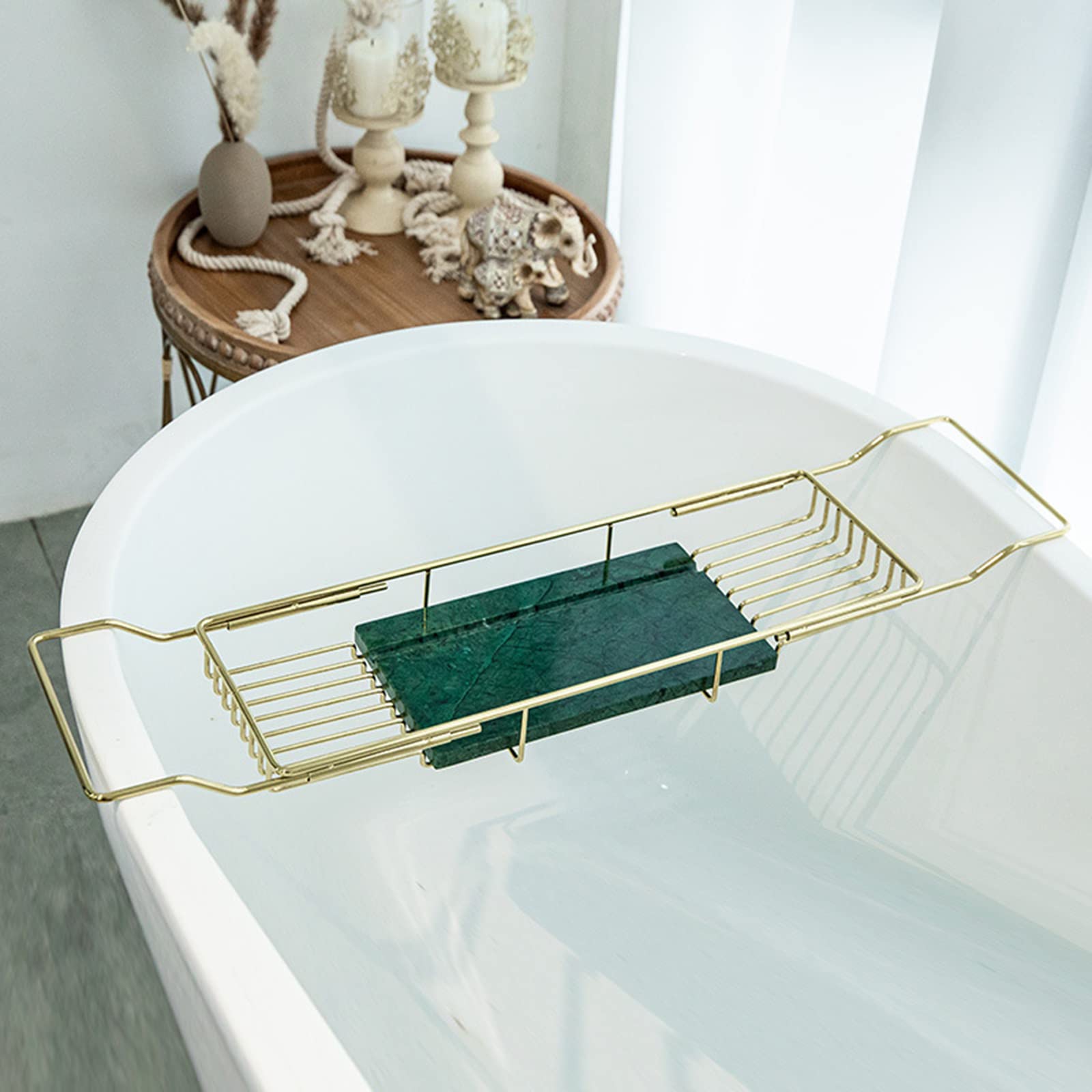 HLONGG Retractable Bathtub Caddy Tray - 304 Stainless Steel Over Tub Shower Organizer with Wine Glass Holder & Book Stand - Extendable Marble Bathroom Storage Rack for Spa Relaxation, Bath Time Reading & Shower Organization (Green)