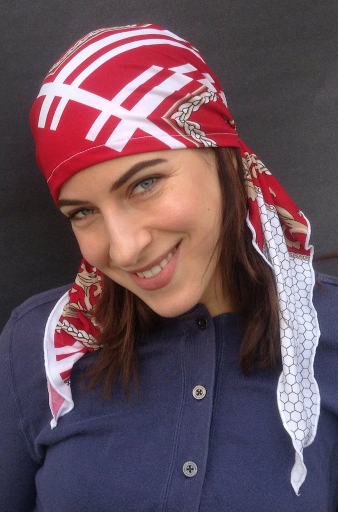 Elegant Red Turban Hair Scarf for Women - Easy Slip On Pre-Tied Head Wrap - Made in USA - Perfect for Yoga, Running, Beach & Everyday Fashion Accessory