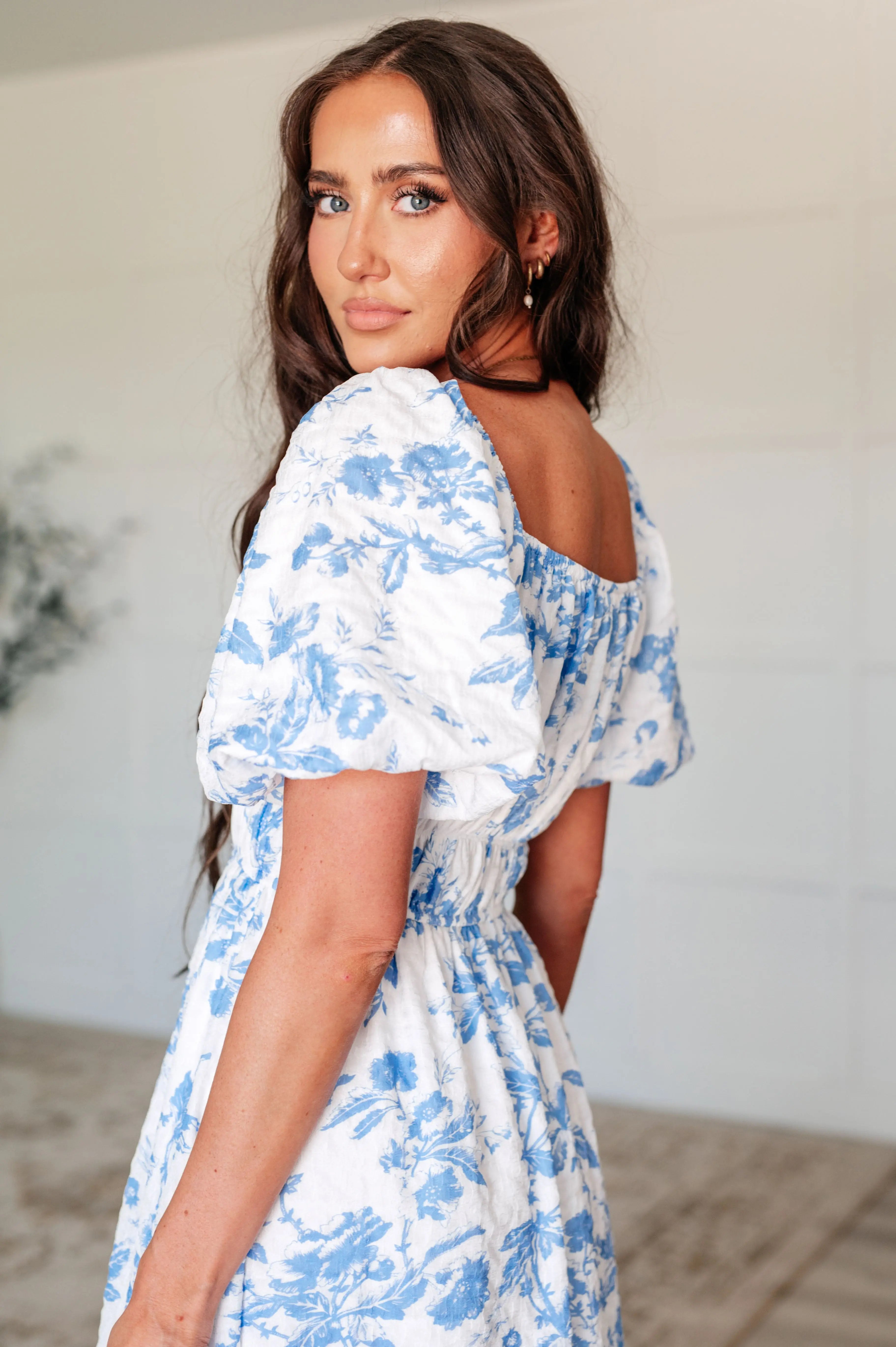 Blue Floral Square Neck Dress for Women - Elegant Summer Midi Dress for Casual Outings, Beach Vacations & Date Nights