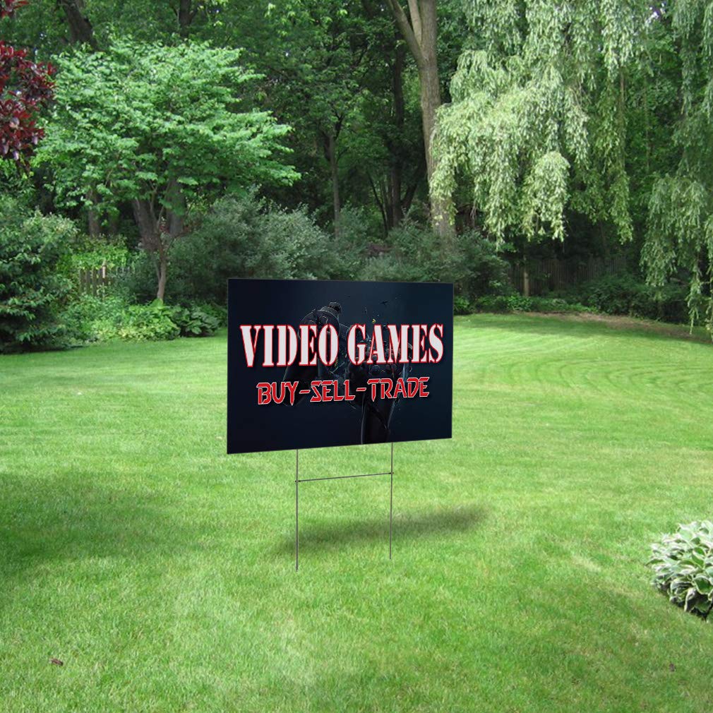 Waterproof Yard Signs for Video Game Buy/Sell/Trade Business - 18x12 Inches Single-Sided Print in Blue & Green - Perfect for Lawn, Garden & Outdoor Advertising Displays